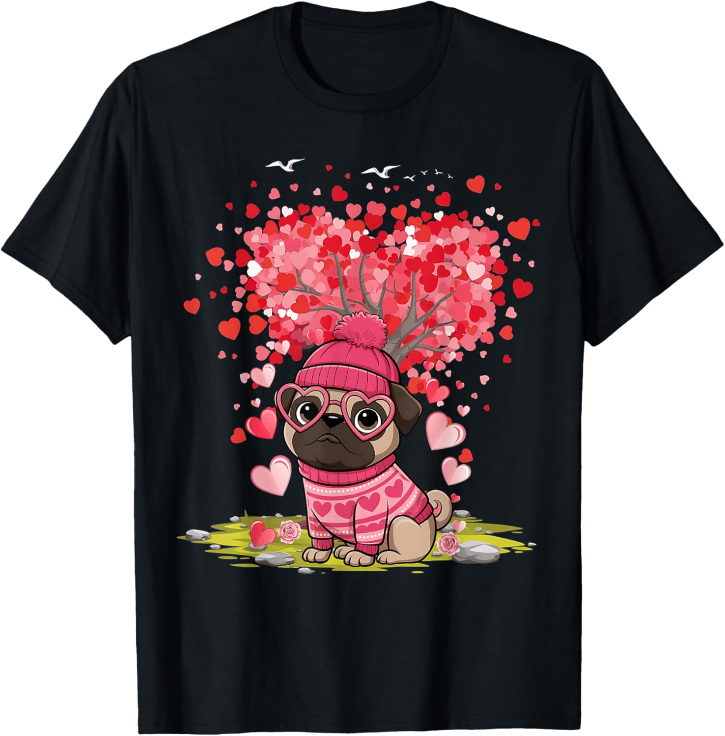Pug Heart Tree Tee - Adorable Dog Lover Valentine's Day T-Shirt - 24