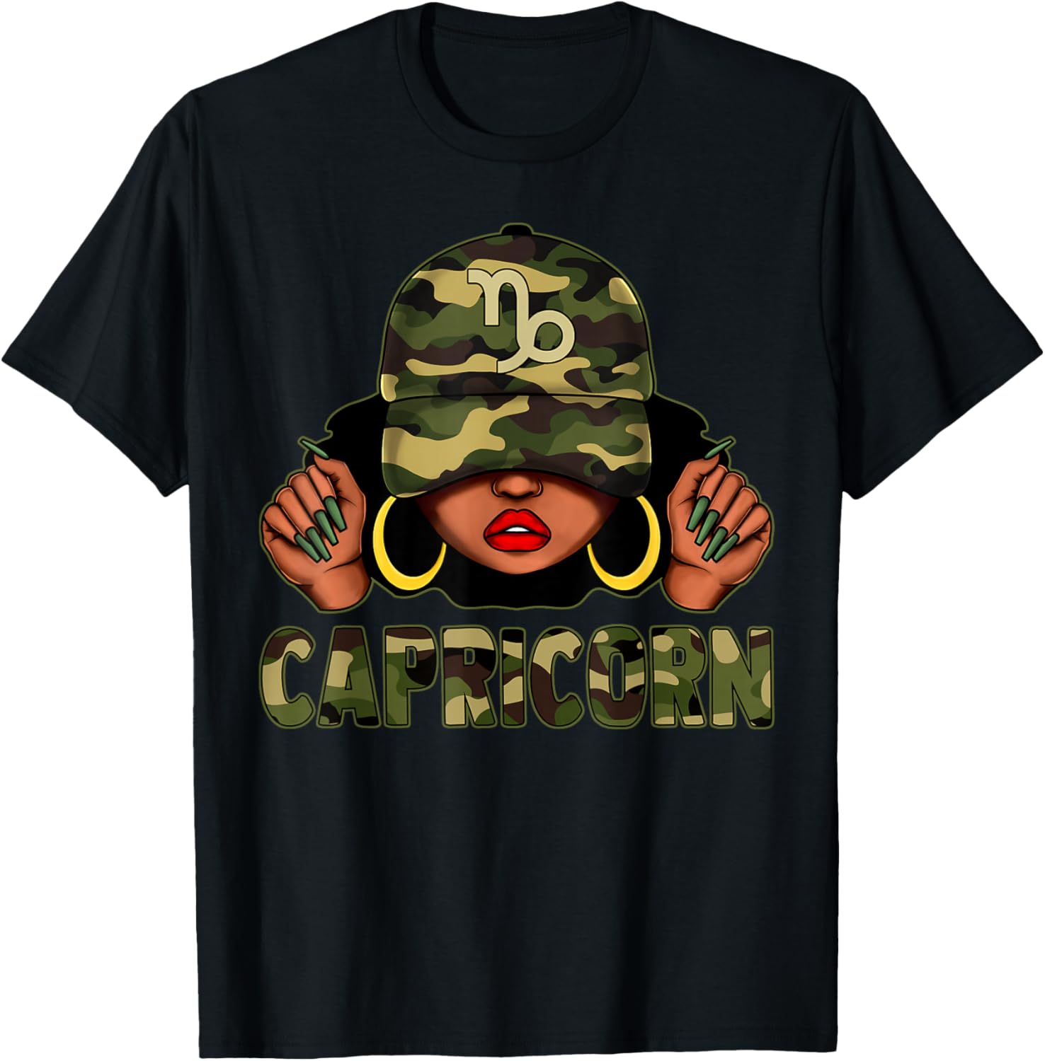 Capricorn Queen Black Woman with Camo Cap Afro Zodiac T-Shirt - 10