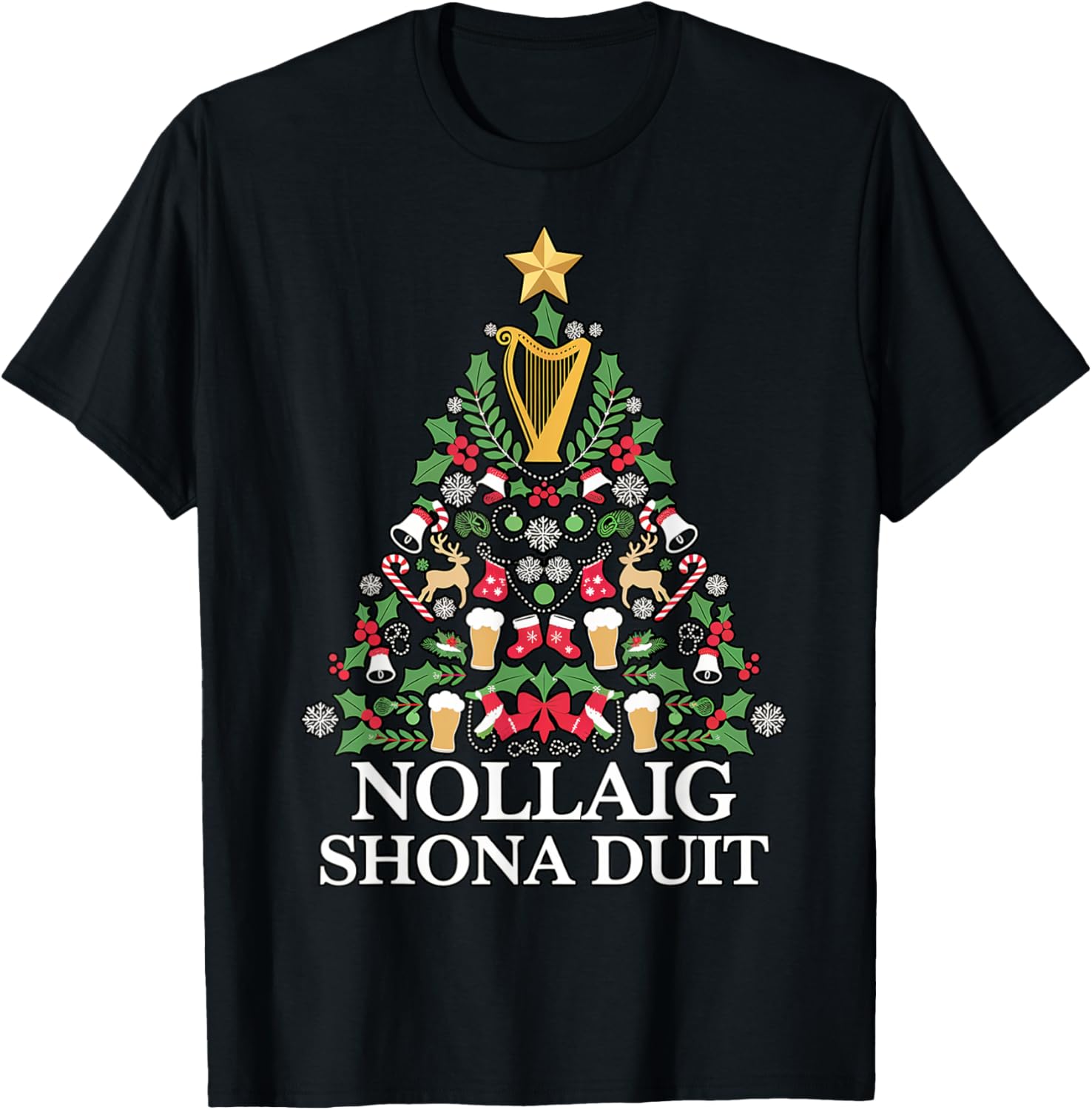 Irish Christmas Tree Nollaig Shona Duit Holiday Art T-Shirt for Festive Cheer - 4