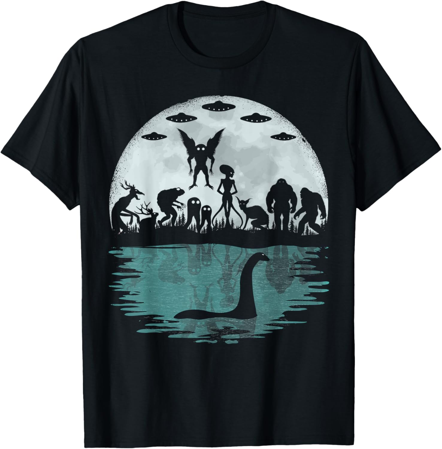 Funny Cryptid T-Shirt featuring Bigfoot Nessie Mothman and Aliens - 3