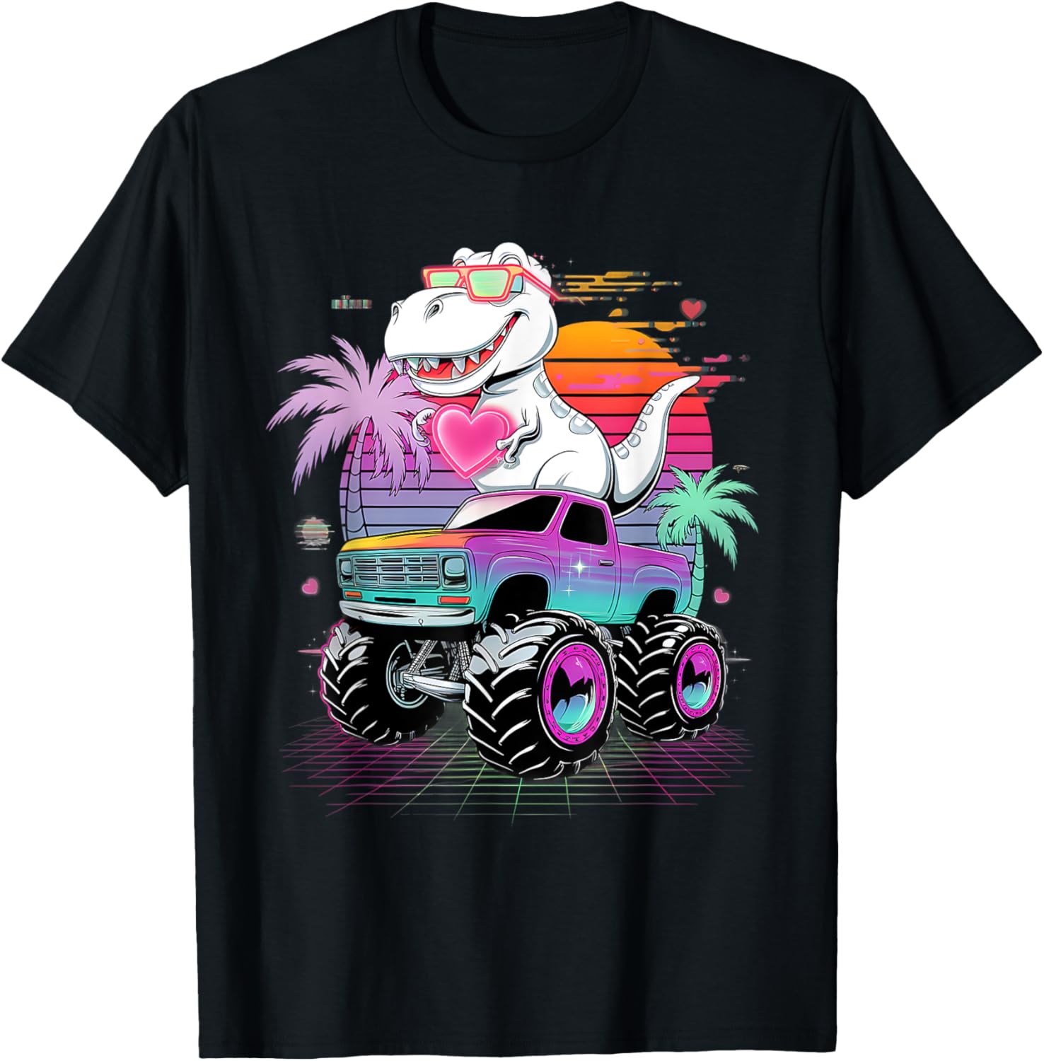 Valentine's Day T-Rex Monster Truck Vaporwave Kids T-Shirt for Boys - 12