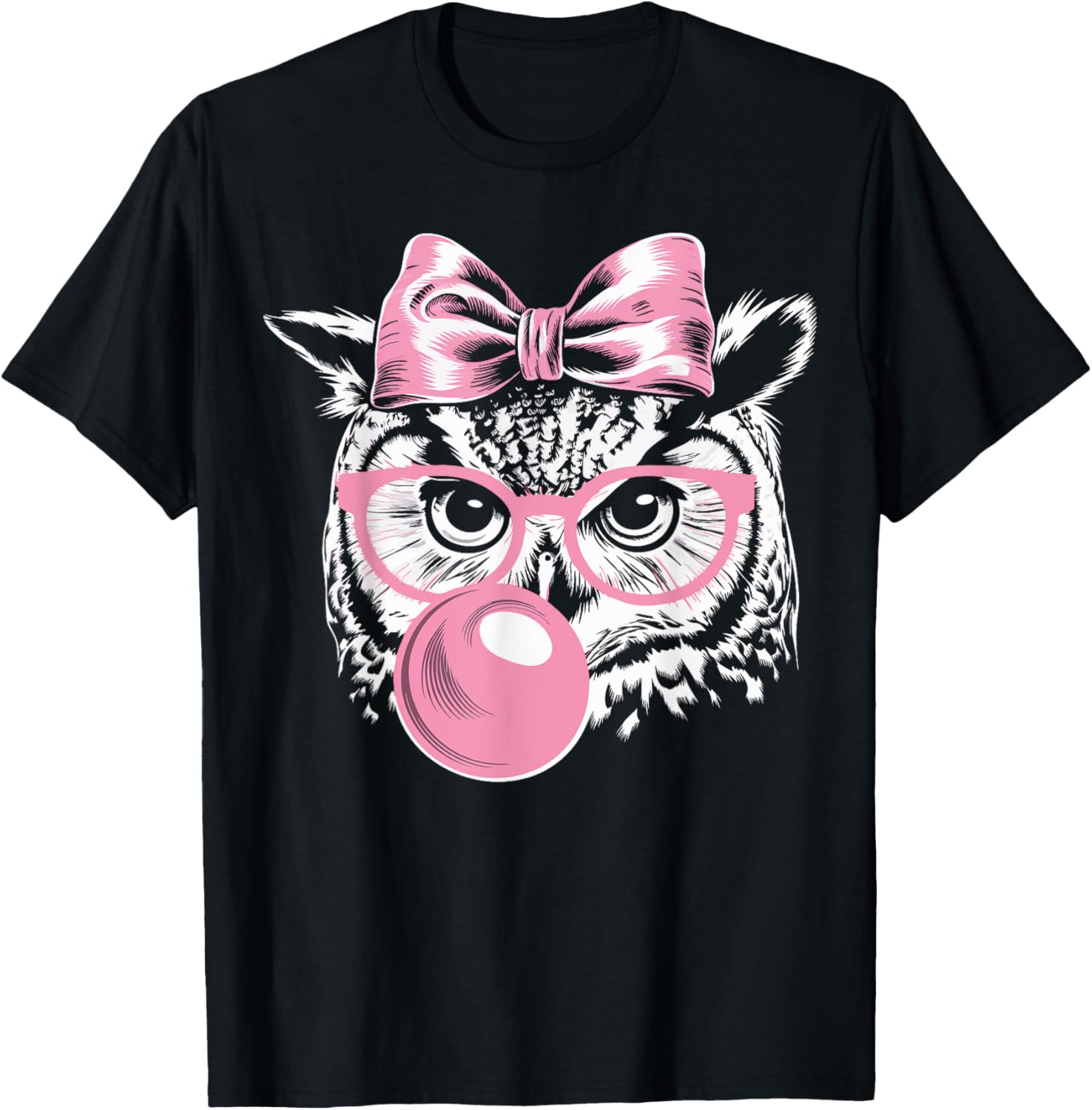Cute Owl T-Shirt with Glasses Blowing Pink Bubble Gum for Fun Fashion - 5