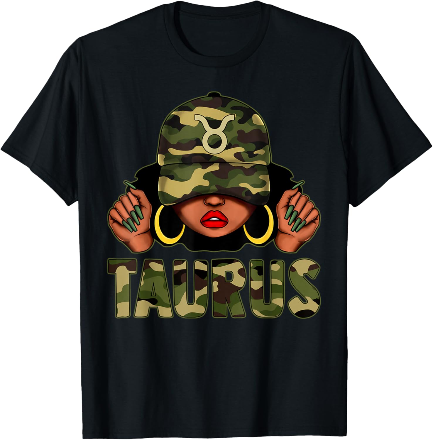 Taurus Queen Black Woman Camo Afro Girl Zodiac T-Shirt for Stylish Women - 13