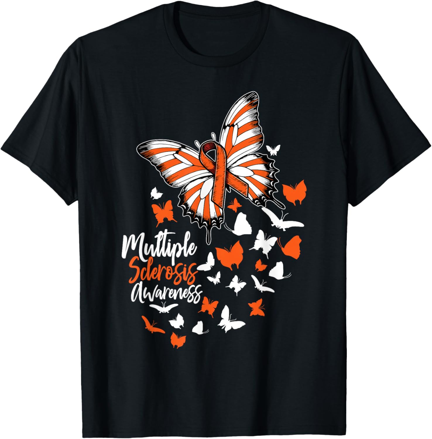 Multiple Sclerosis Awareness Butterfly T-Shirt with Orange Ribbon Design - 1