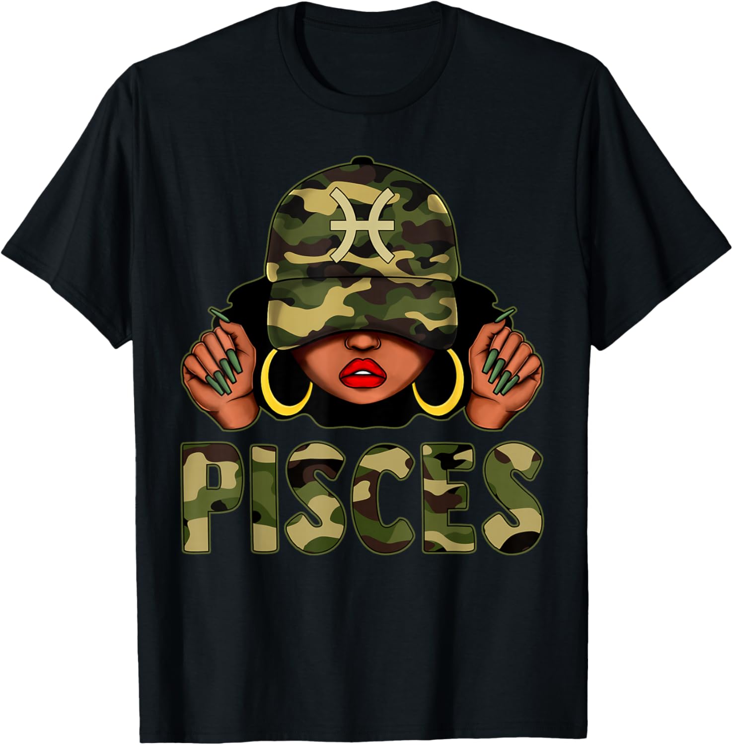 Pisces Queen Camo Cap and Afro Girl Zodiac T-Shirt for Black Women - 4