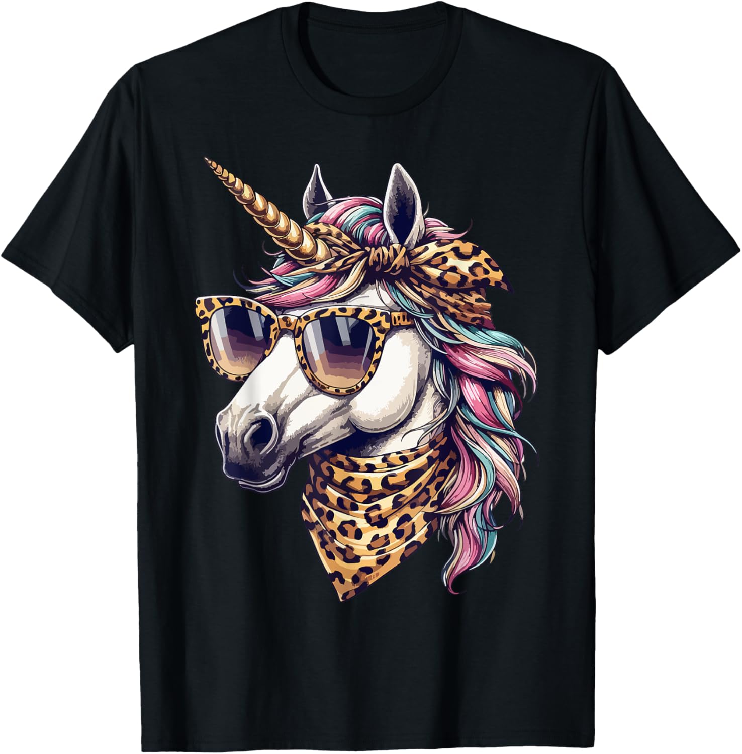 Whimsical Unicorn in Leopard Scarf and Sunglasses T-Shirt for Fun Style - 8