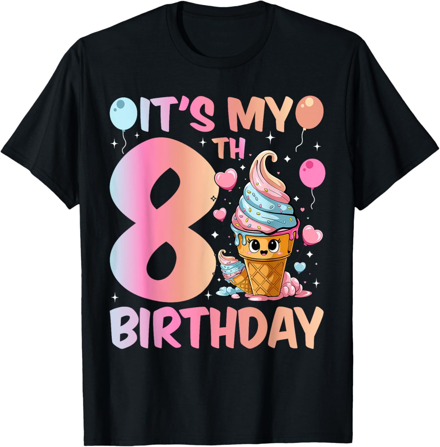 Cute Ice Cream Number 8 T-Shirt for Girls 8th Birthday Celebration - 5