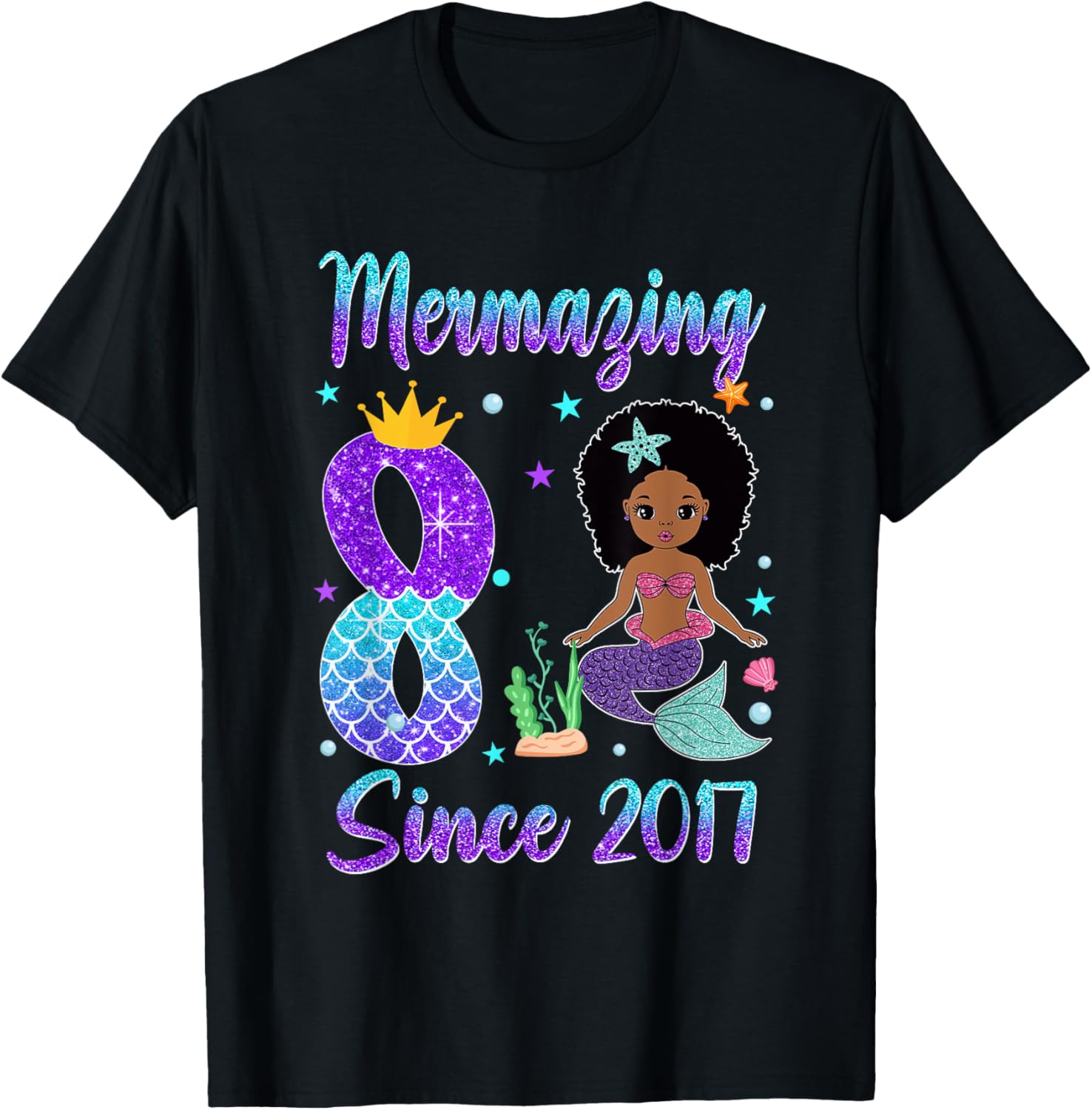 Awesome Since 2017 8th Birthday Black Mermaid T-Shirt for Girls - 1