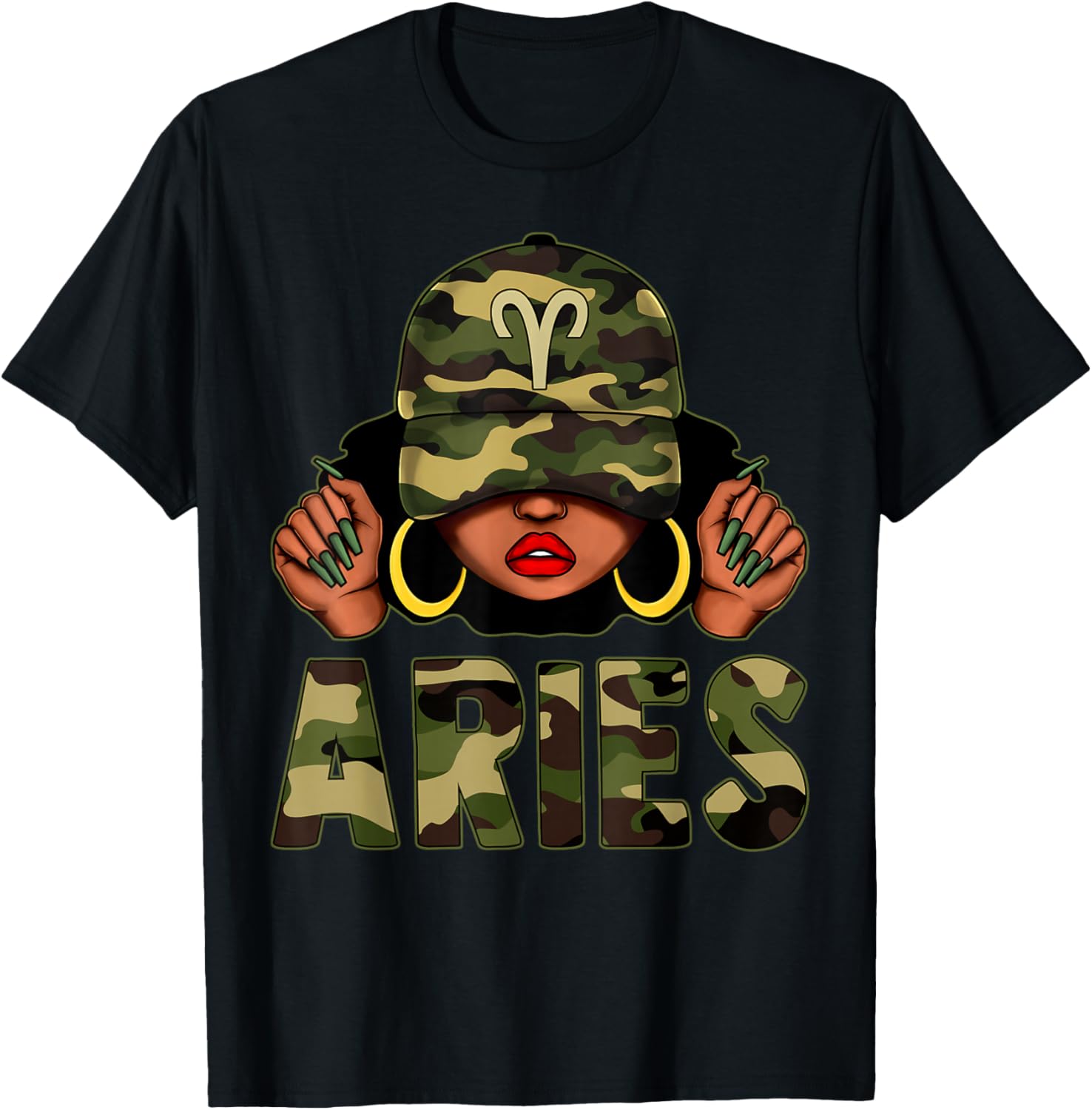 Aries Queen Black Woman Wearing Camo Cap Afro Zodiac T-Shirt - 1