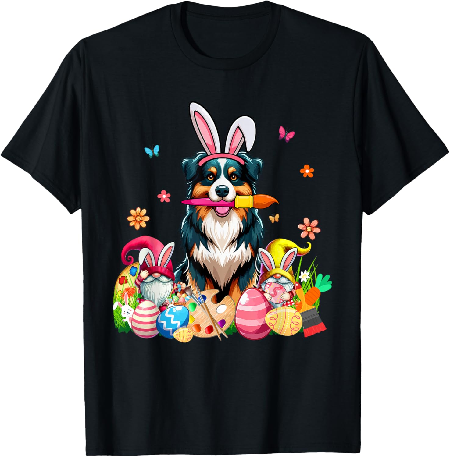 Cute Australian Shepherd Bunny Painting Easter Eggs Gnomes T-Shirt - 21