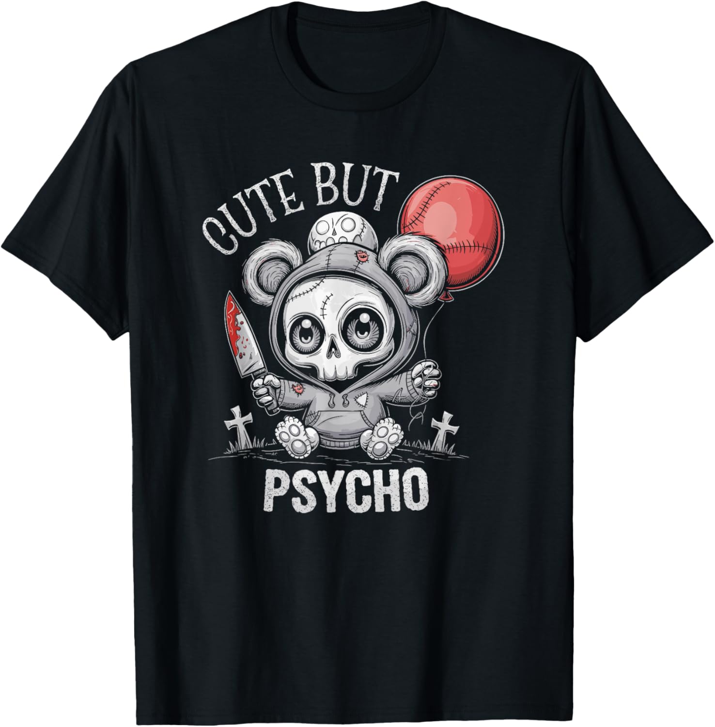 Cute But Psycho Skull Teddy Bear T-Shirt for Goth Punk Emo Style - 1