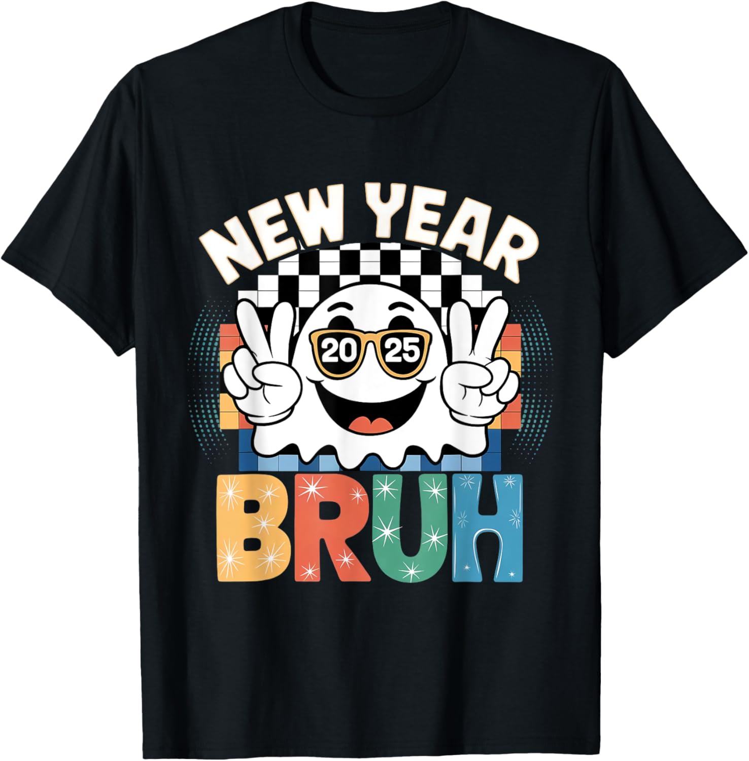 Cute Boo Ghost Happy New Year 2025 Vibes Funny Retro T-Shirt - 14