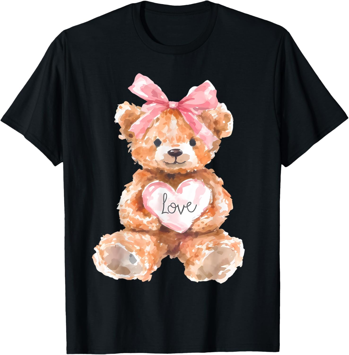 Watercolor Bear with Pink Bow Cute Valentine T-Shirt for Women and Girls - 15