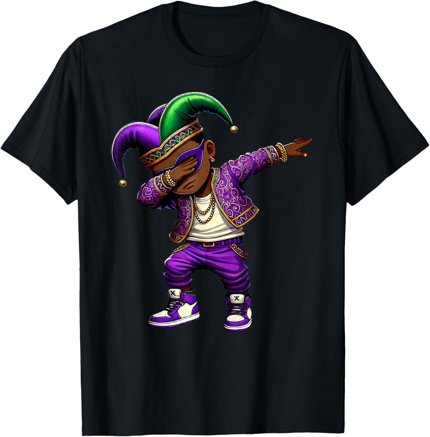 Funny Mardi Gras Jester Hat T-Shirt for Black Kids - Dabbing Boy Design - 3