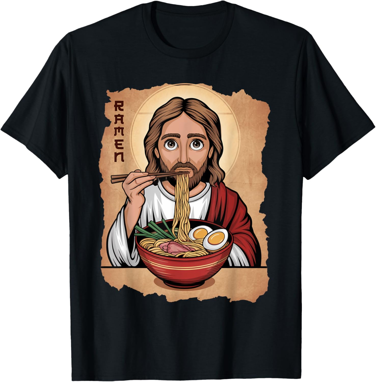Cute Jesus Eating Ramen Noodles T-Shirt with Ocean Waves Japanese Art - 1