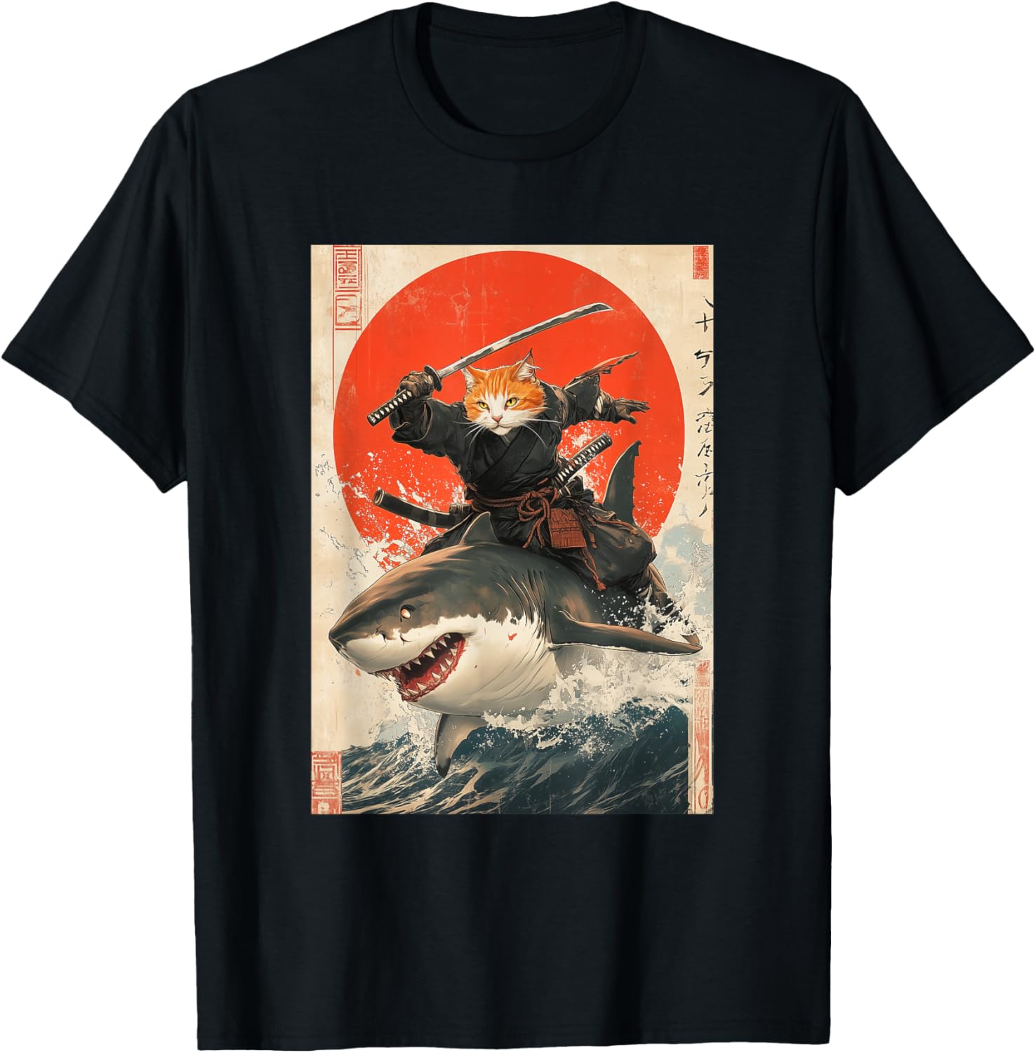 Ninja Cat Riding Shark Graphic Tee Cute Japanese Style T-Shirt for Cat Lovers - 7