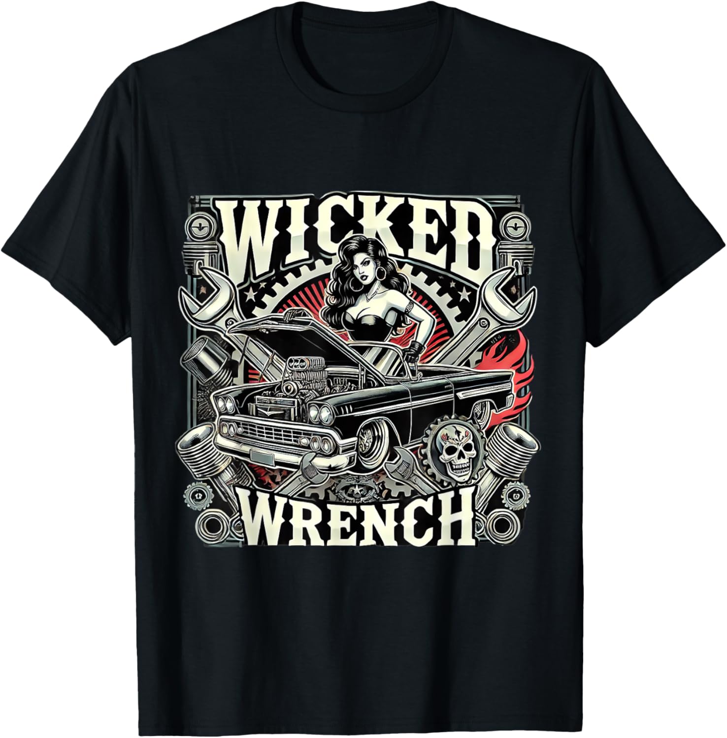 Hot Rod Wrench Lady Flames Pistons T-Shirt for Car Enthusiasts - 1