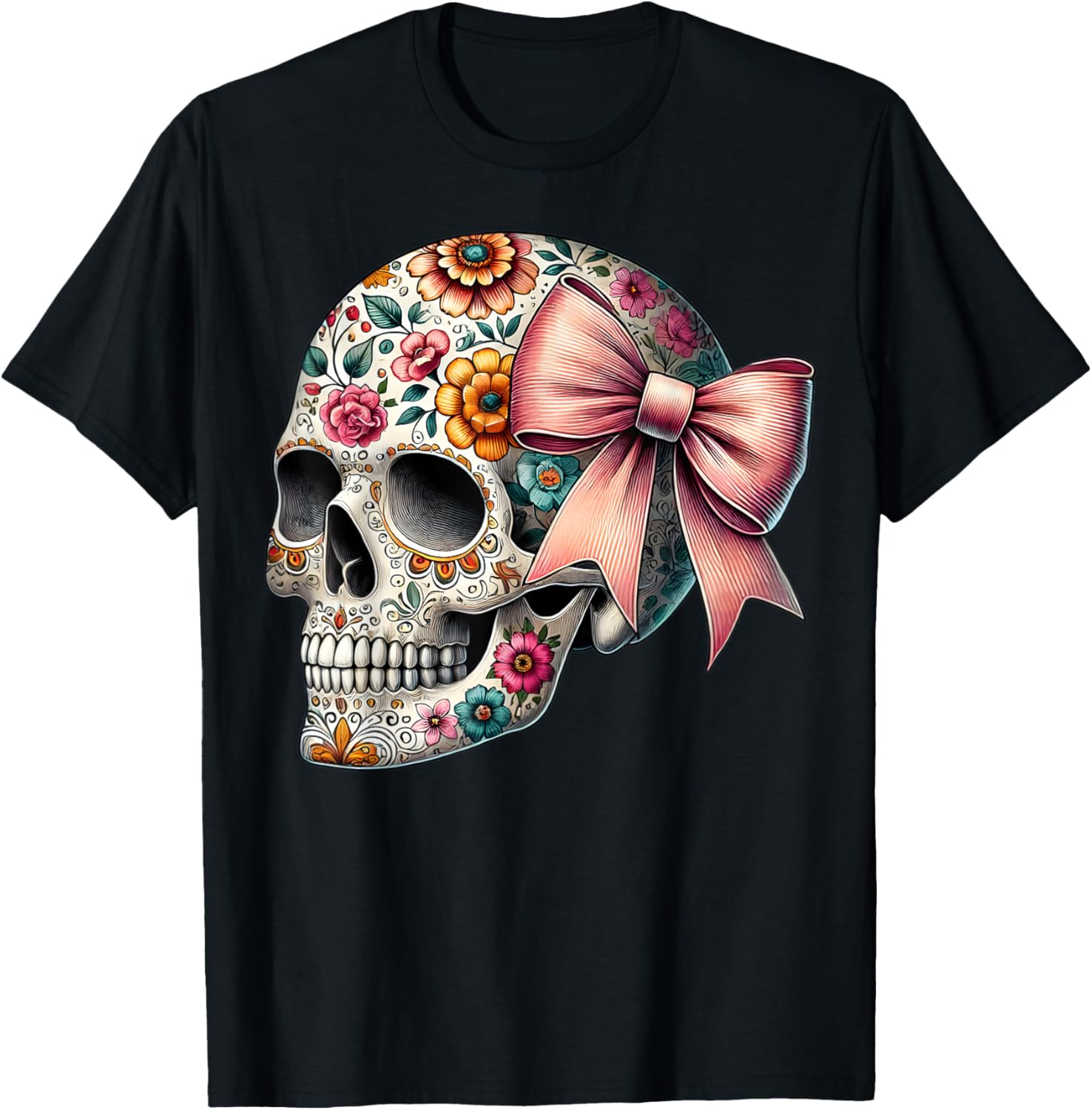 Floral Sugar Skull T-Shirt for Girls and Women - Stylish Flower Design - 14