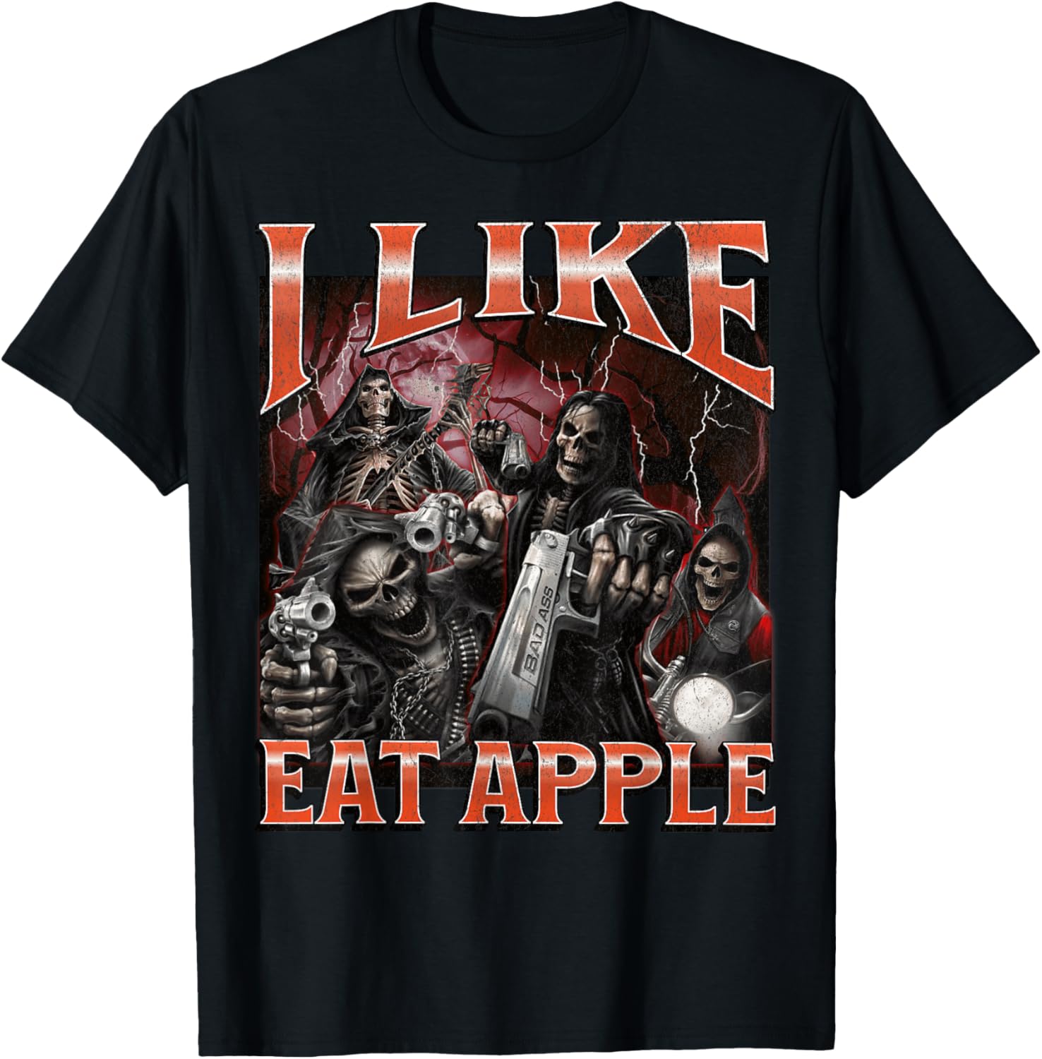 Funny I Like Eat Apple Skeleton Meme Graphic T-Shirt for Casual Wear - 24