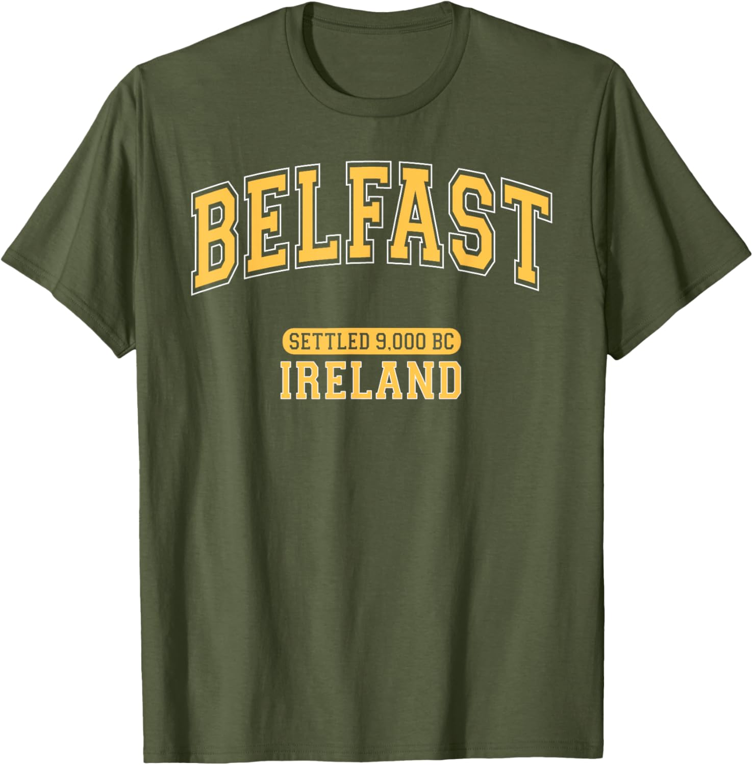 Retro Belfast Ireland 9000 BC Arched Yellow Letters T-Shirt for Trendy Style - 14