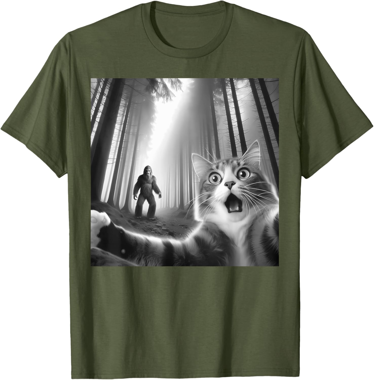 Funny Scared Cat Bigfoot Selfie T-Shirt for Men, Women, and Kids - 9