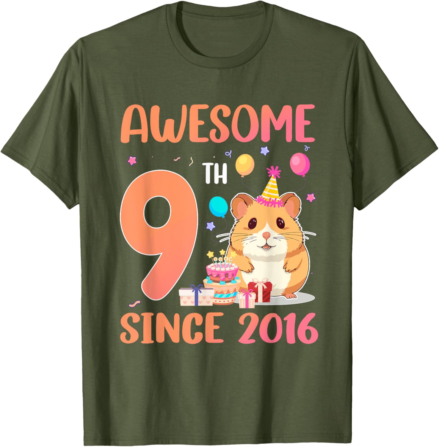Awesome Since 2016 9th Birthday Hamster Theme T-Shirt for Kids - 9