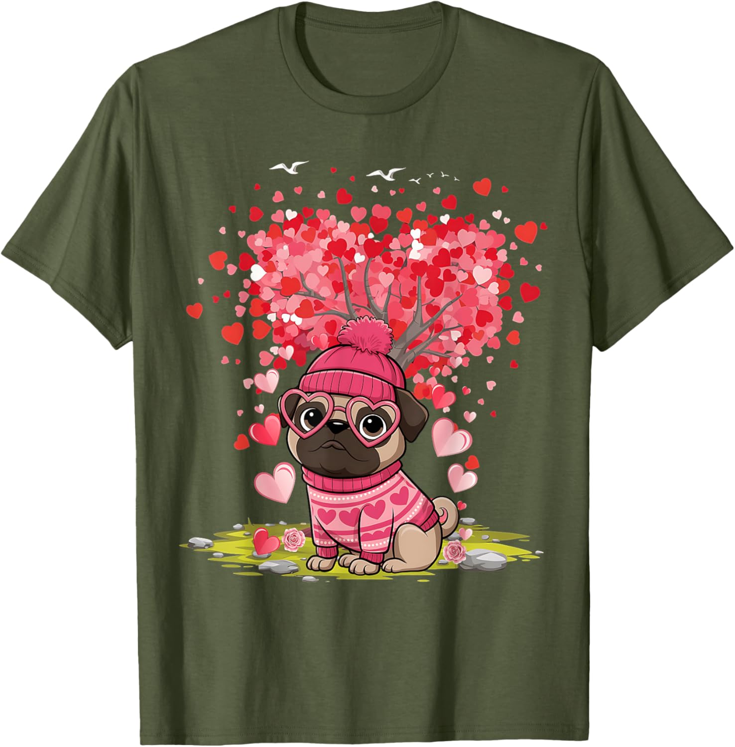 Pug Heart Tree Tee - Adorable Dog Lover Valentine's Day T-Shirt - 21