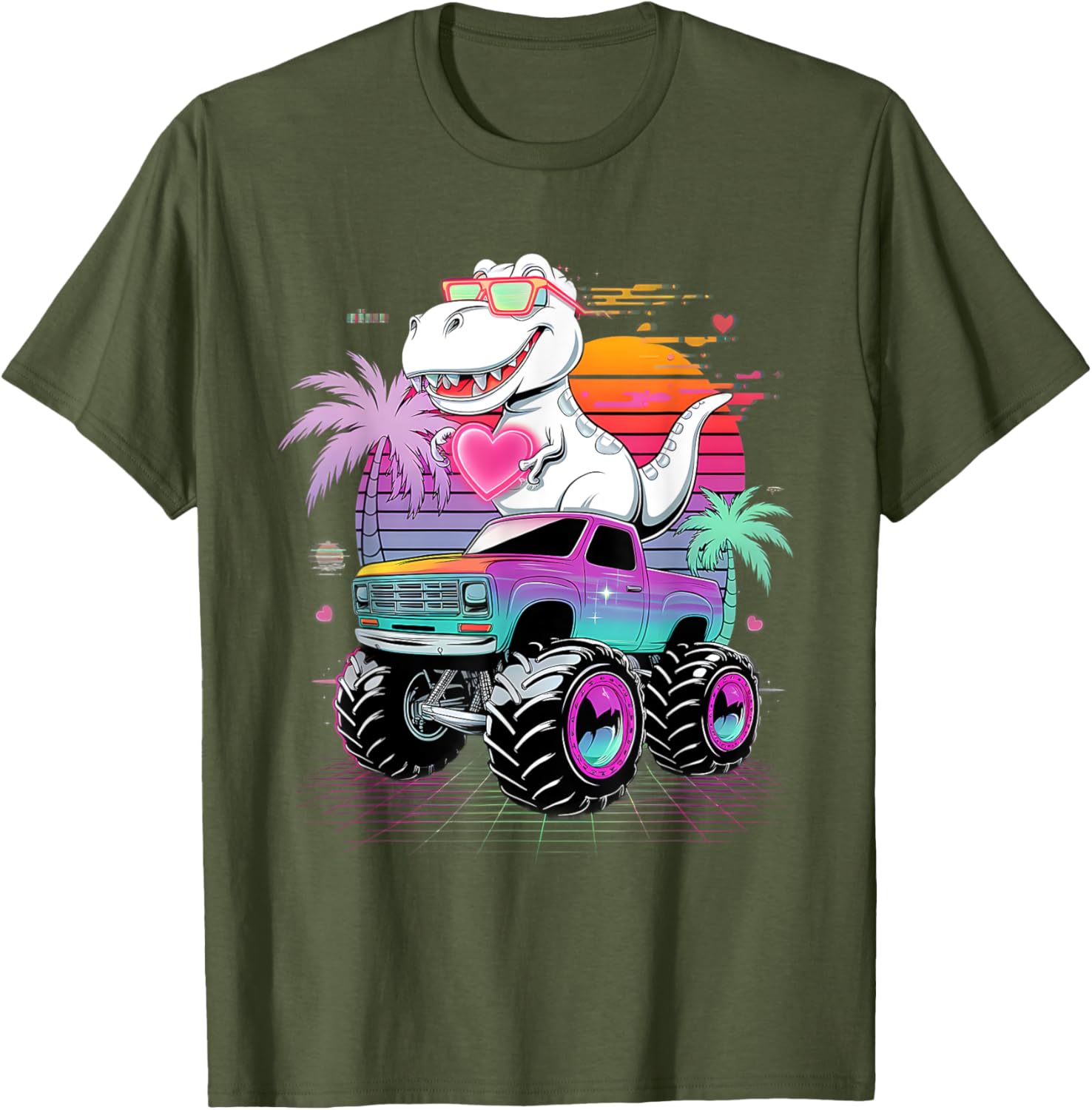 Valentine's Day T-Rex Monster Truck Vaporwave Kids T-Shirt for Boys - 13