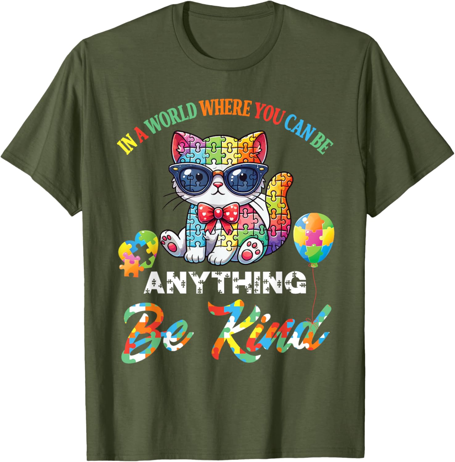 Be Kind Cat Puzzle Pieces T-Shirt for Men, Women, and Kids - 1