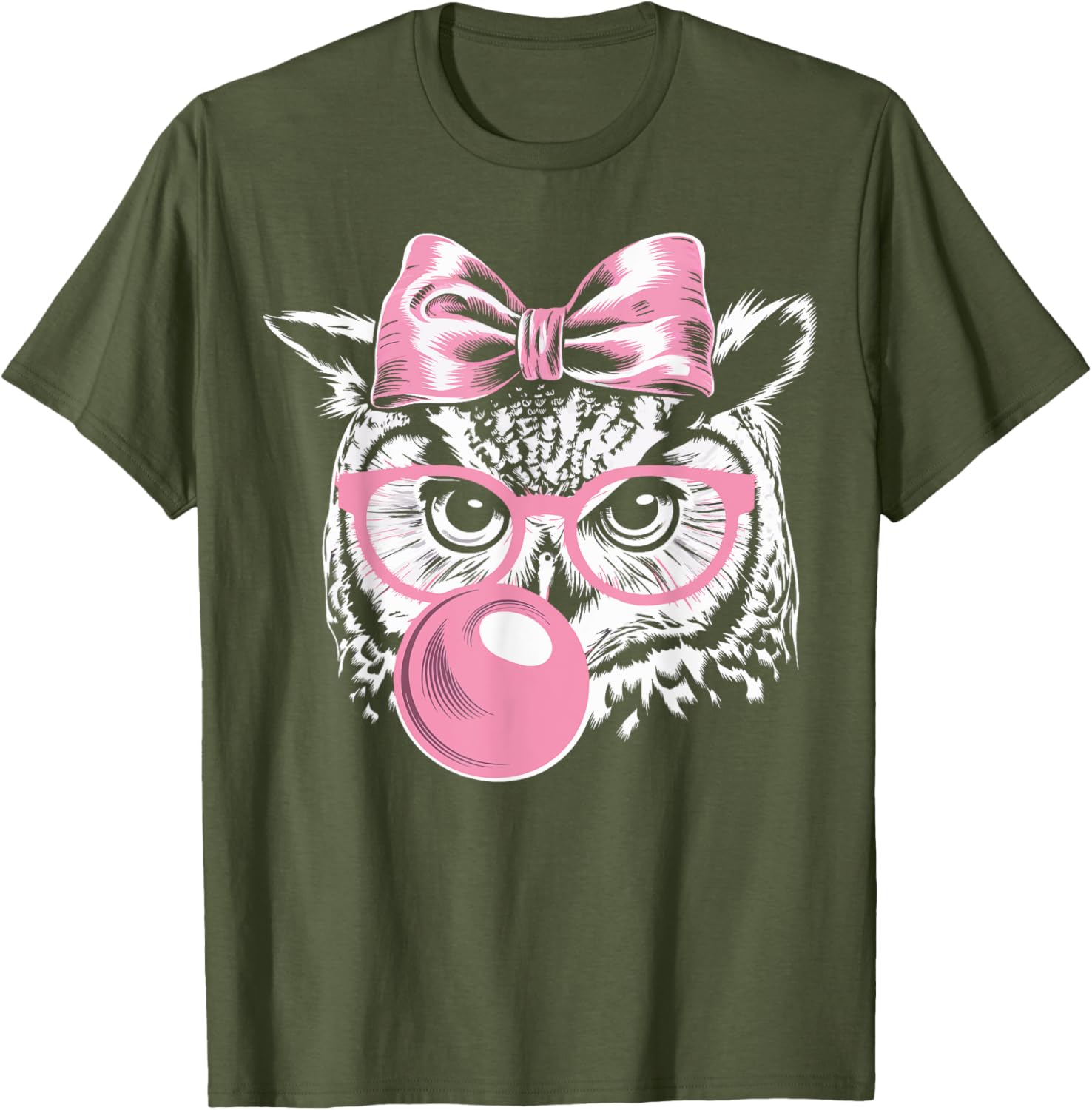 Cute Owl T-Shirt with Glasses Blowing Pink Bubble Gum for Fun Fashion - 11