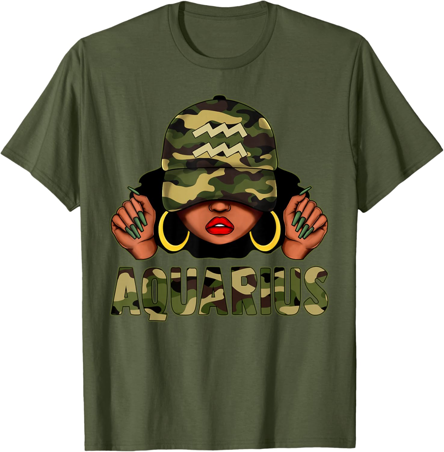 Aquarius Queen Black Woman Camo Afro T-Shirt Stylish Zodiac Apparel - 3