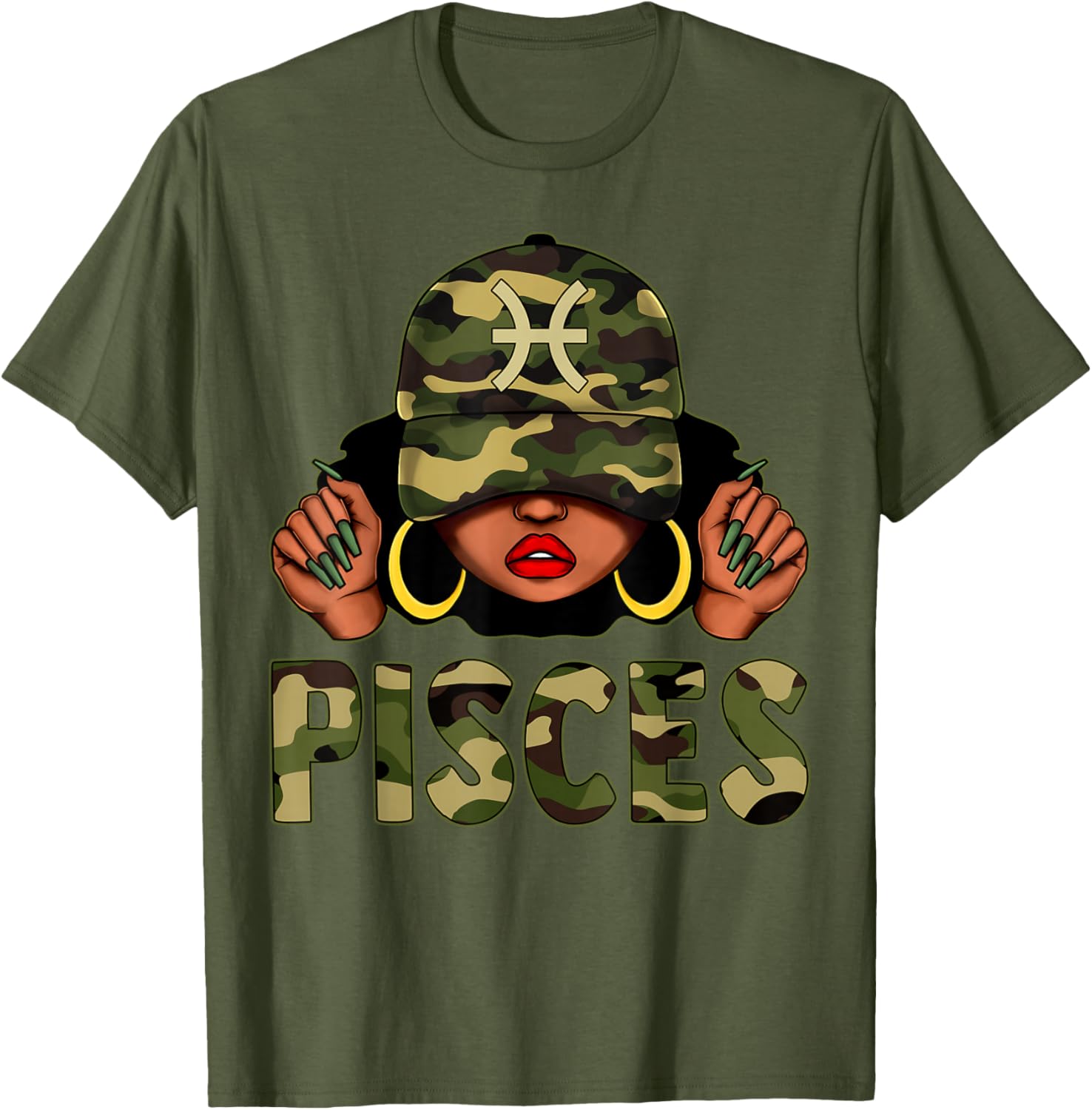 Pisces Queen Camo Cap and Afro Girl Zodiac T-Shirt for Black Women - 17