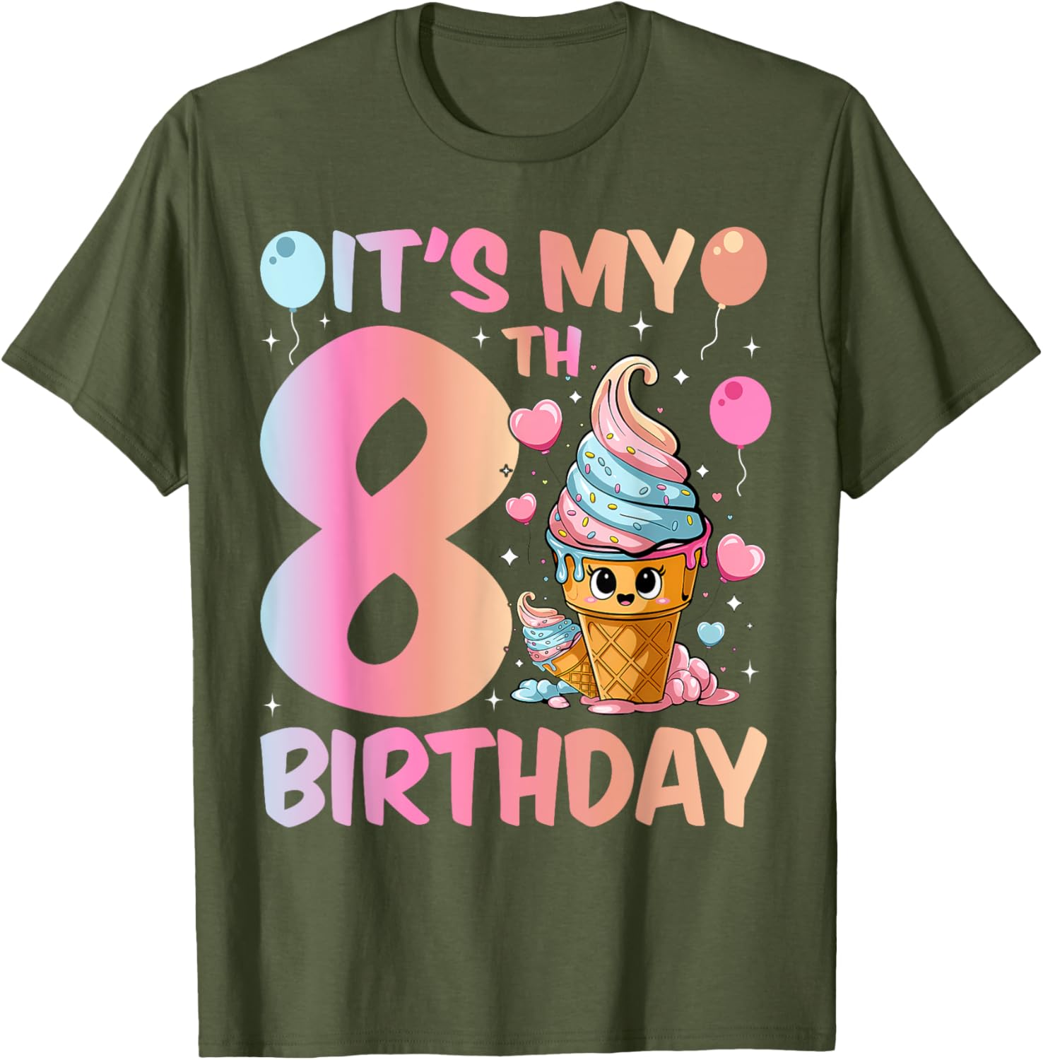 Cute Ice Cream Number 8 T-Shirt for Girls 8th Birthday Celebration - 9