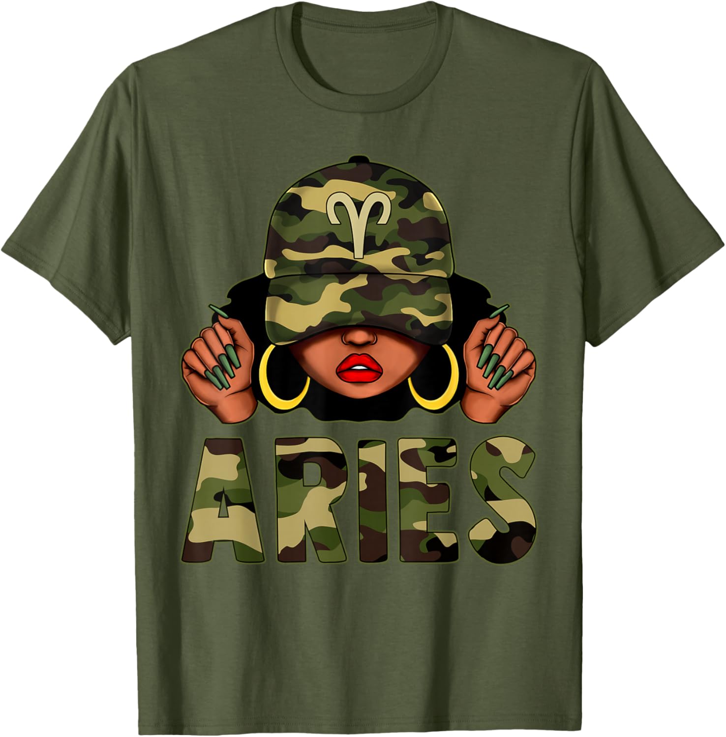 Aries Queen Black Woman Wearing Camo Cap Afro Zodiac T-Shirt - 15