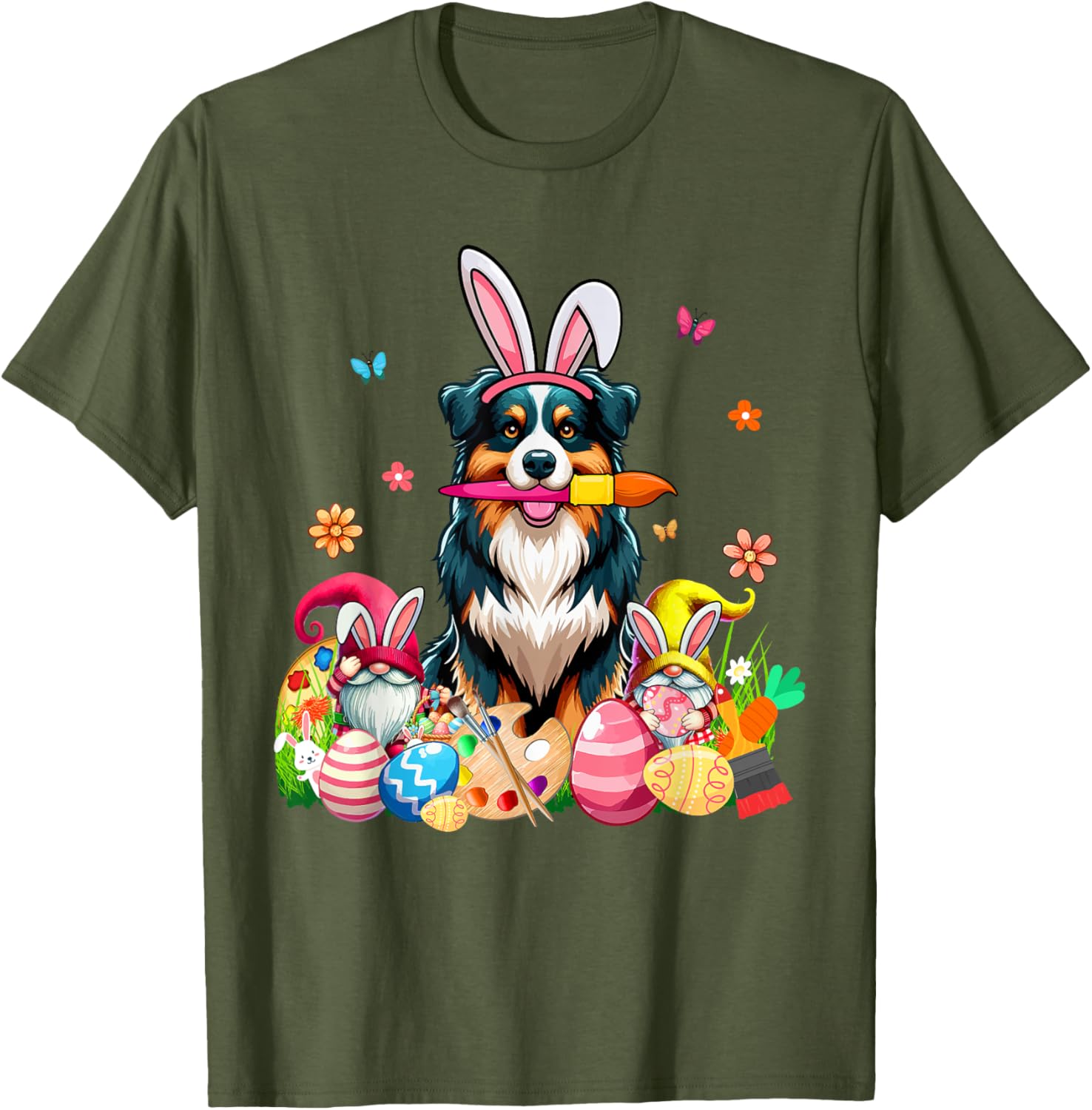 Cute Australian Shepherd Bunny Painting Easter Eggs Gnomes T-Shirt - 9