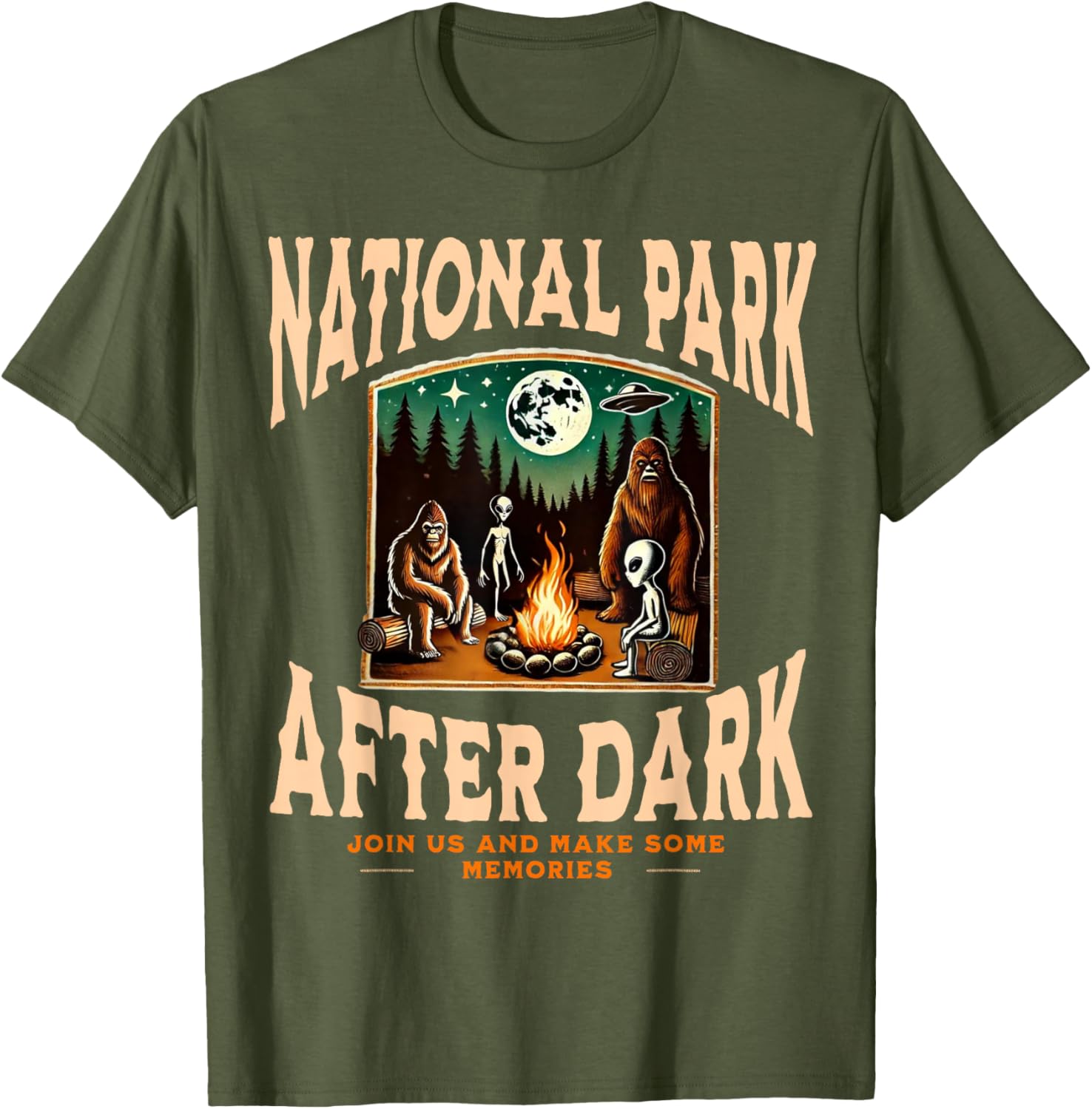 Funny Bigfoot Campfire T-Shirt for National Park Lovers at Night - 20