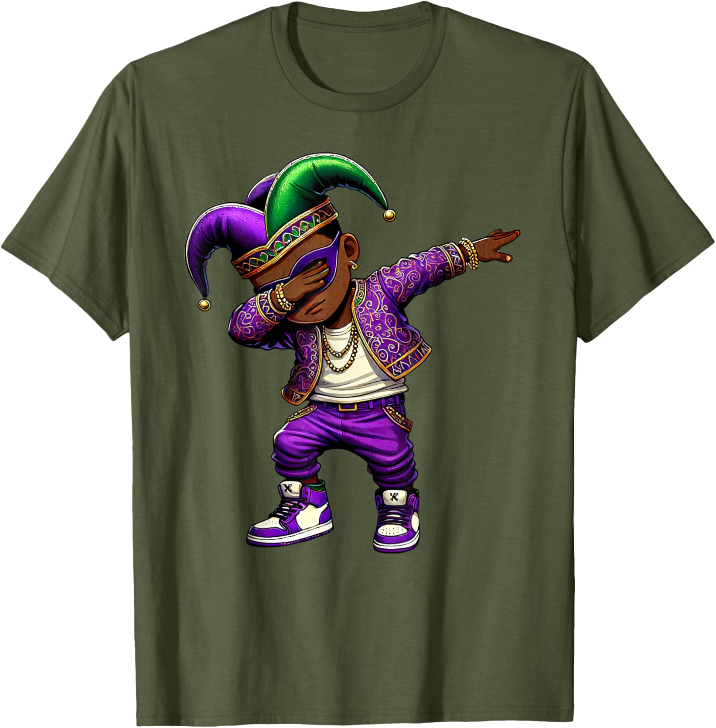 Funny Mardi Gras Jester Hat T-Shirt for Black Kids - Dabbing Boy Design - 25