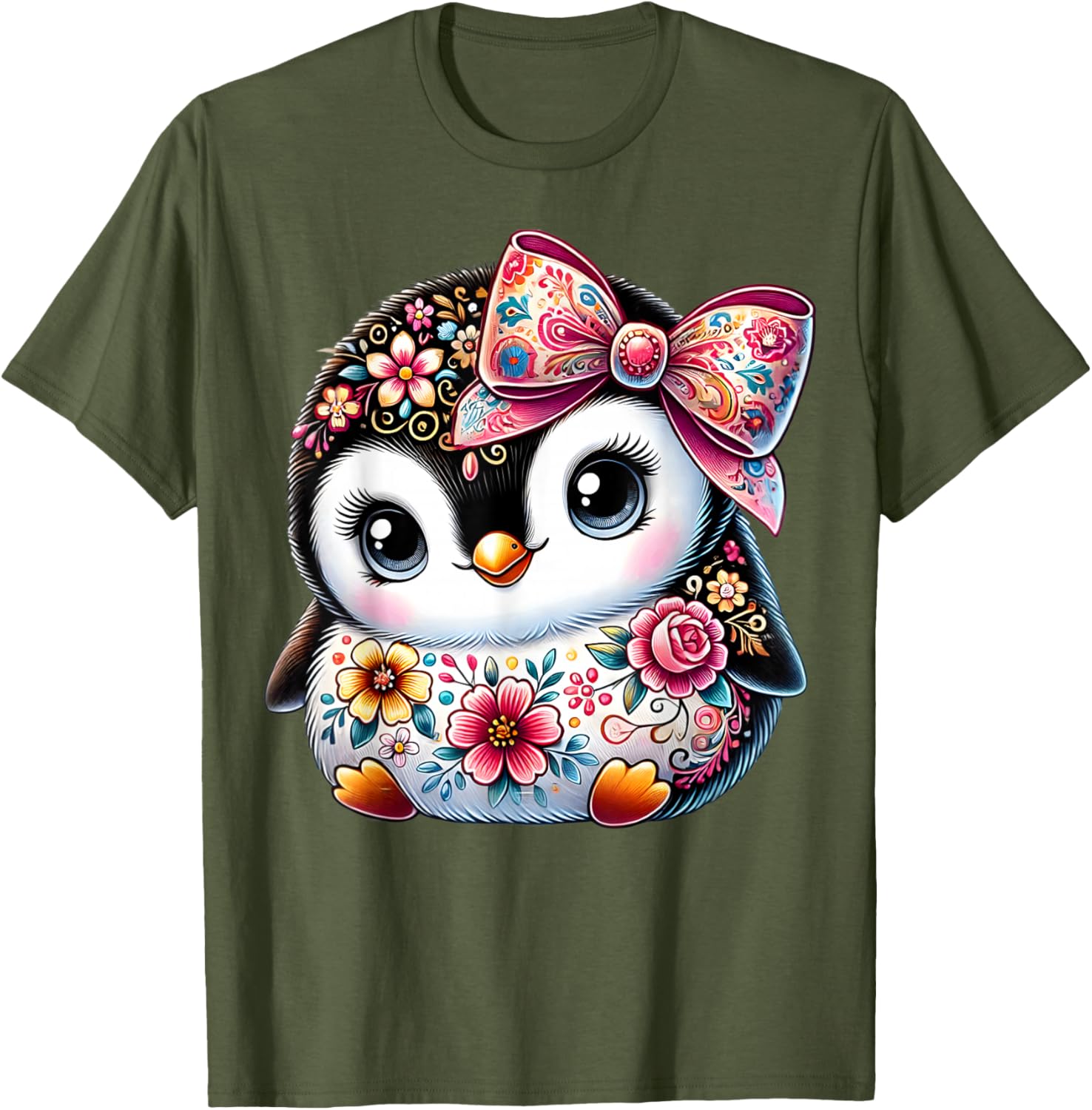 Cute Penguin Lover Floral Graphic T-Shirt for Girls and Women - 17