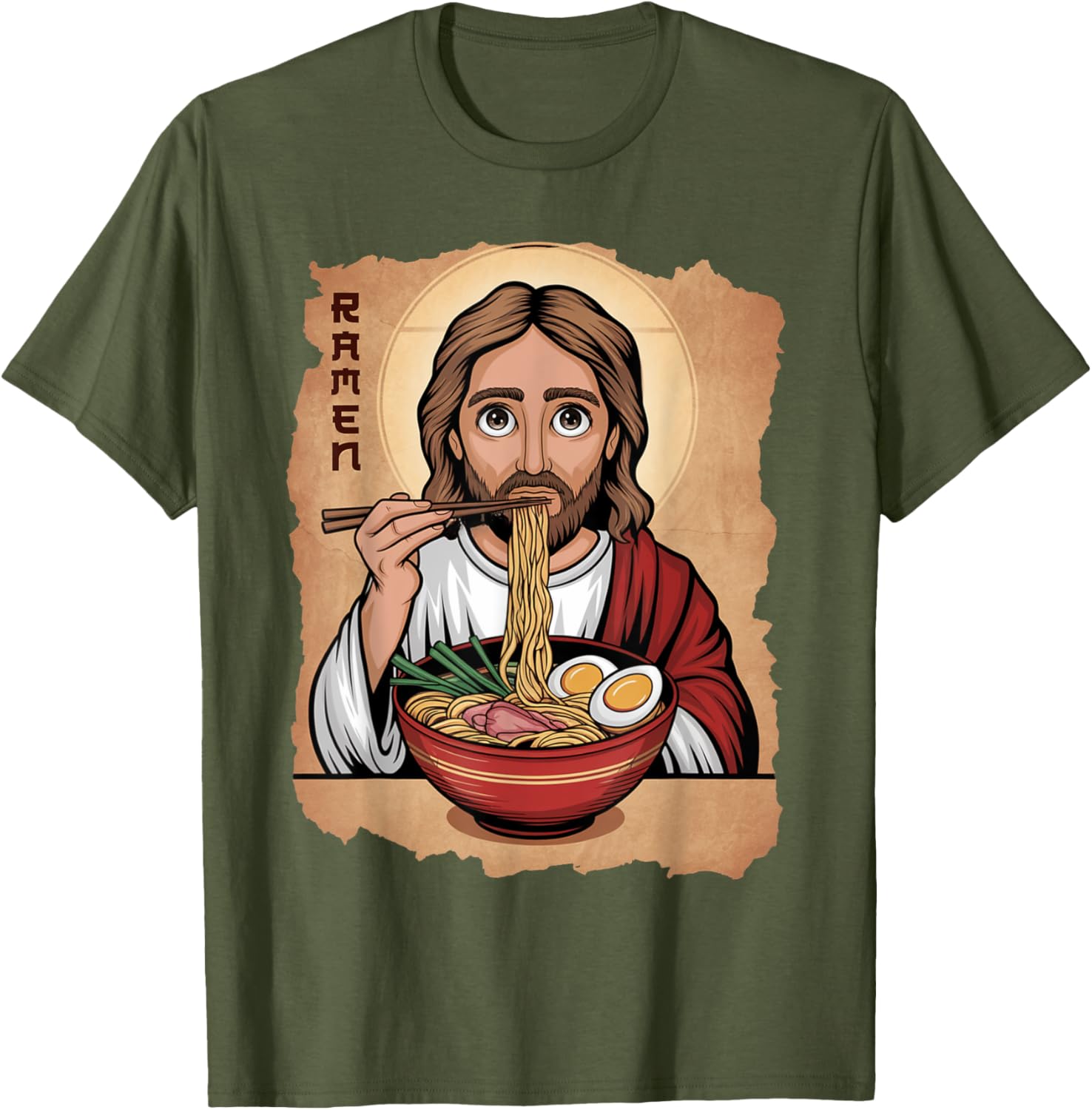 Cute Jesus Eating Ramen Noodles T-Shirt with Ocean Waves Japanese Art - 15