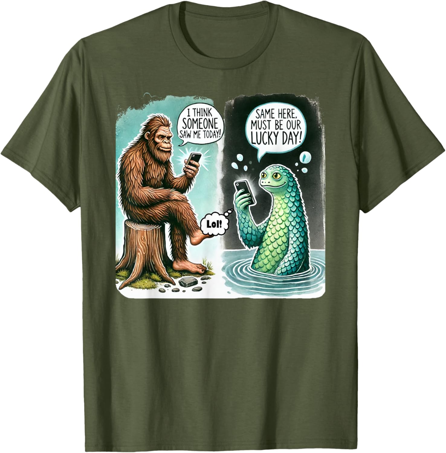 Funny Bigfoot Texting Nessie T-Shirt - I Think Someone Saw Me Today - 1