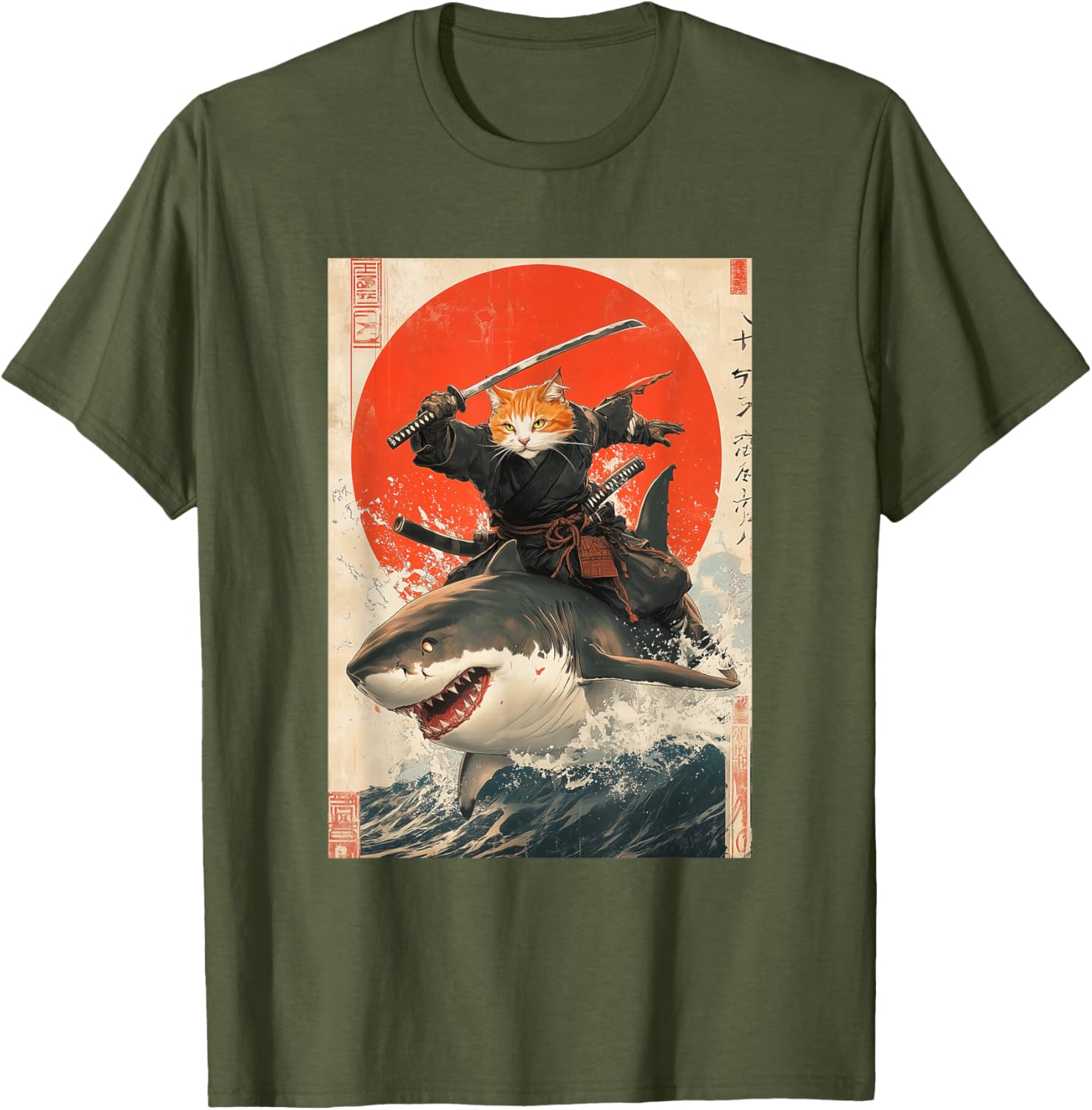 Ninja Cat Riding Shark Graphic Tee Cute Japanese Style T-Shirt for Cat Lovers - 19