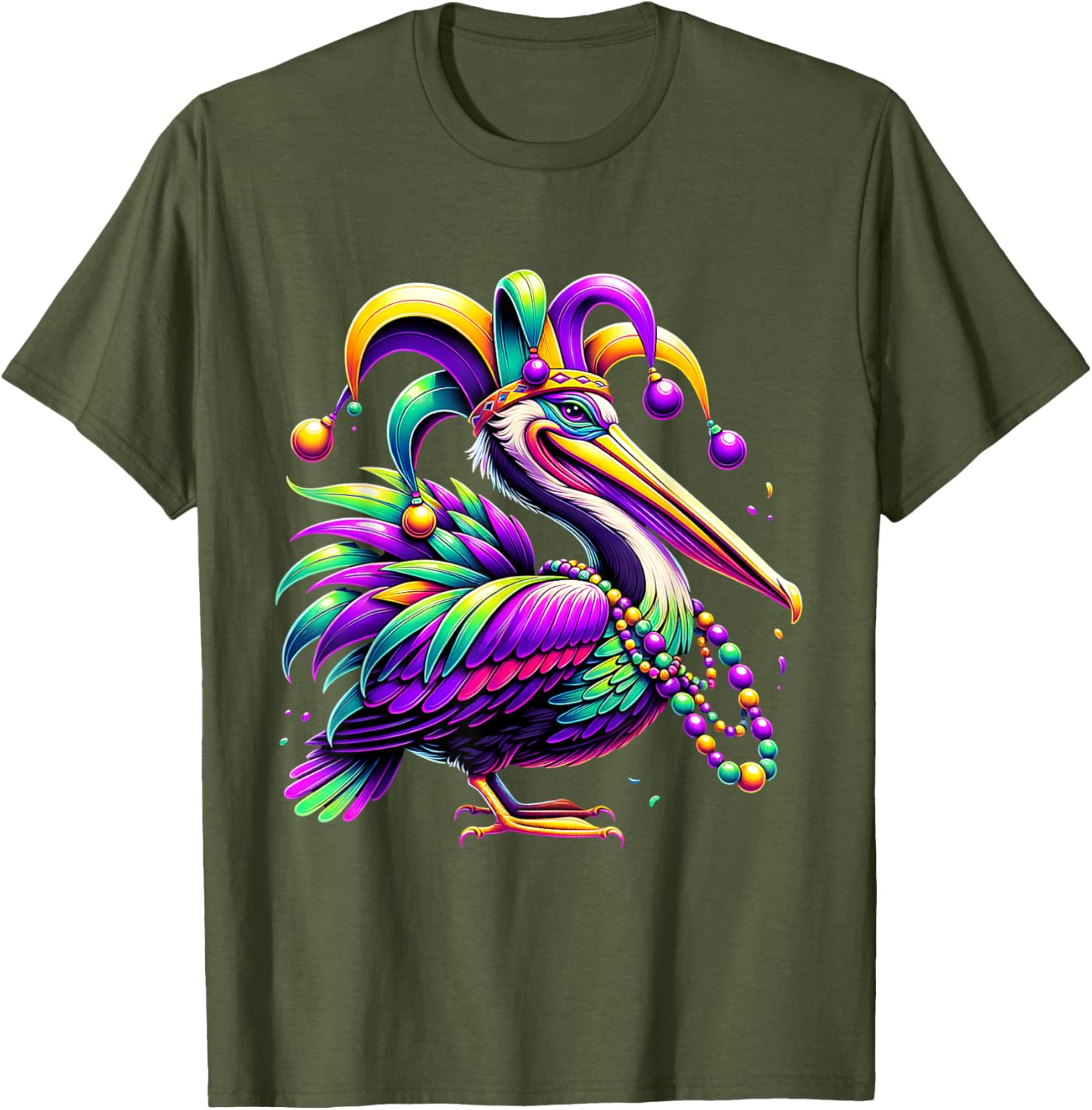 Colorful Mardi Gras Pelican Jester Hat Beads T-Shirt for Festive Fun - 13
