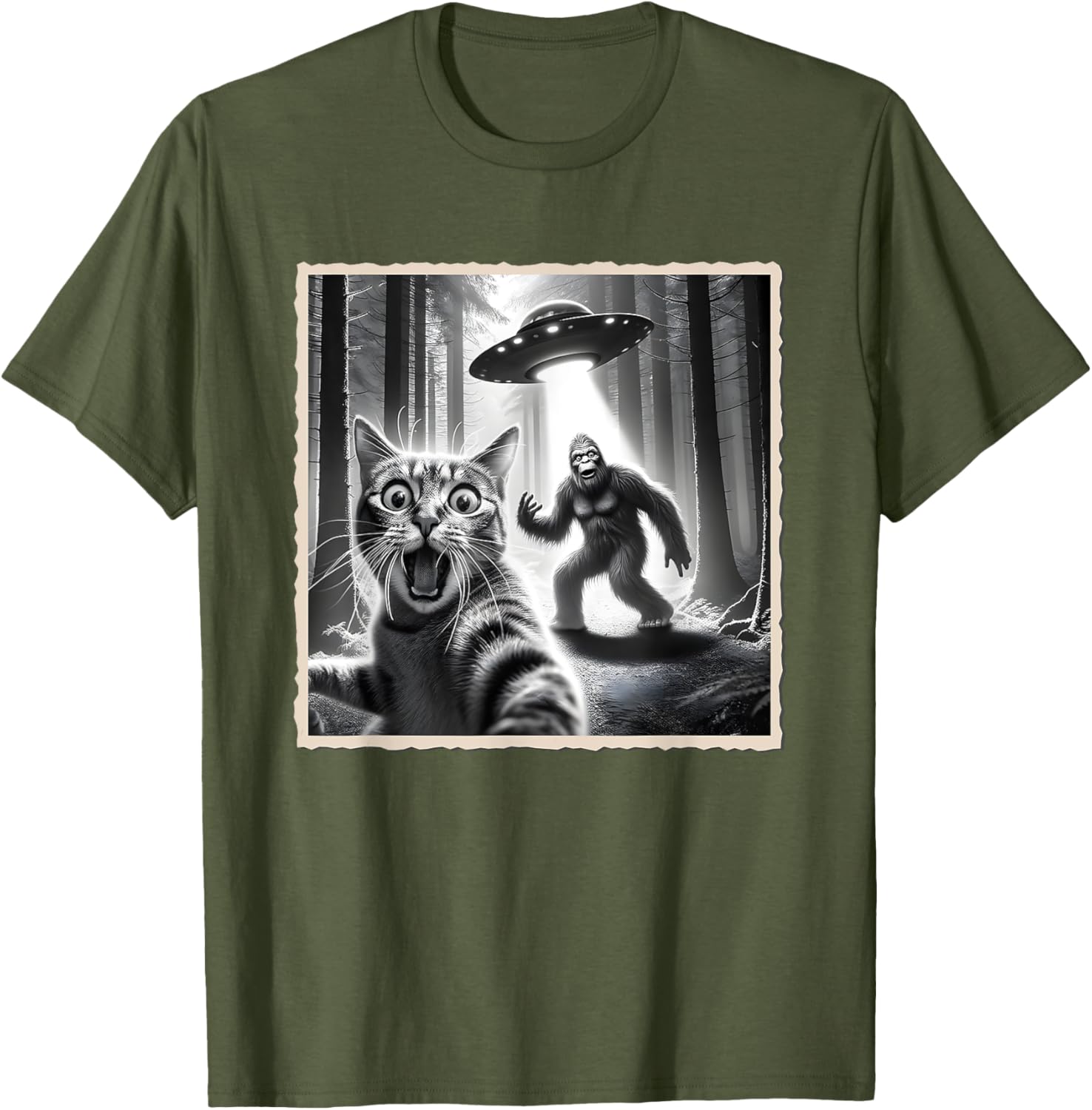 Funny Cat Selfie with Bigfoot and UFO T-Shirt for Animal Lovers - 15