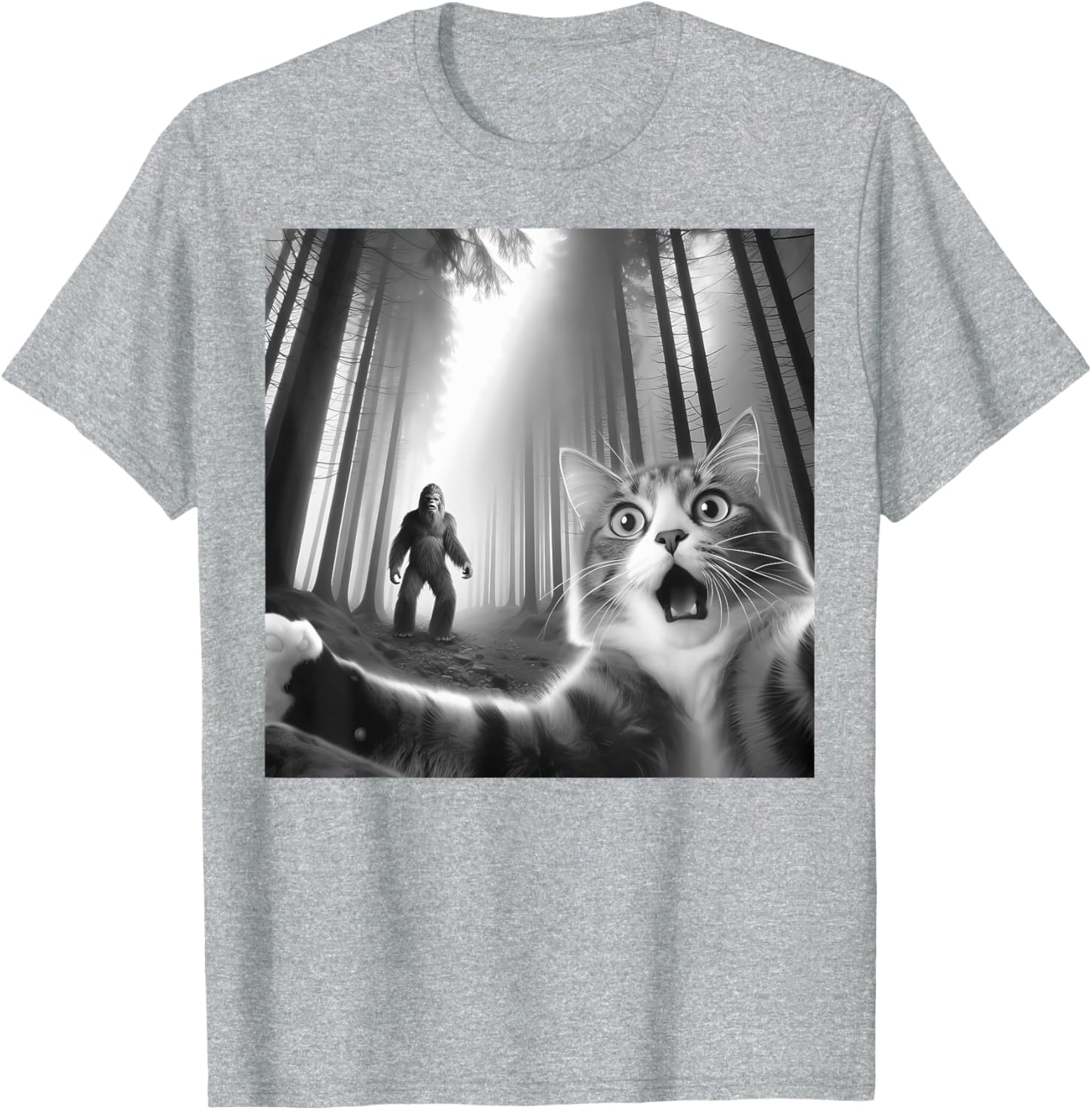 Funny Scared Cat Bigfoot Selfie T-Shirt for Men, Women, and Kids - 25