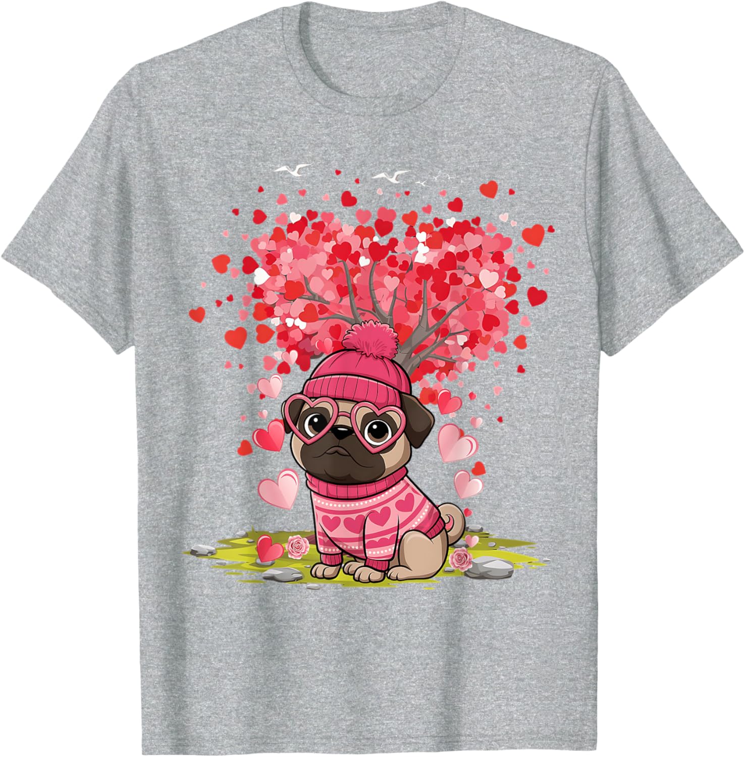 Pug Heart Tree Tee - Adorable Dog Lover Valentine's Day T-Shirt - 3