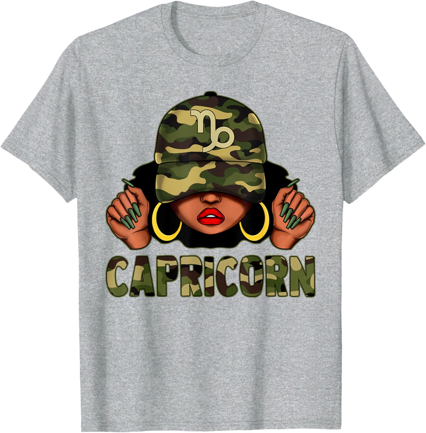 Capricorn Queen Black Woman with Camo Cap Afro Zodiac T-Shirt - 3