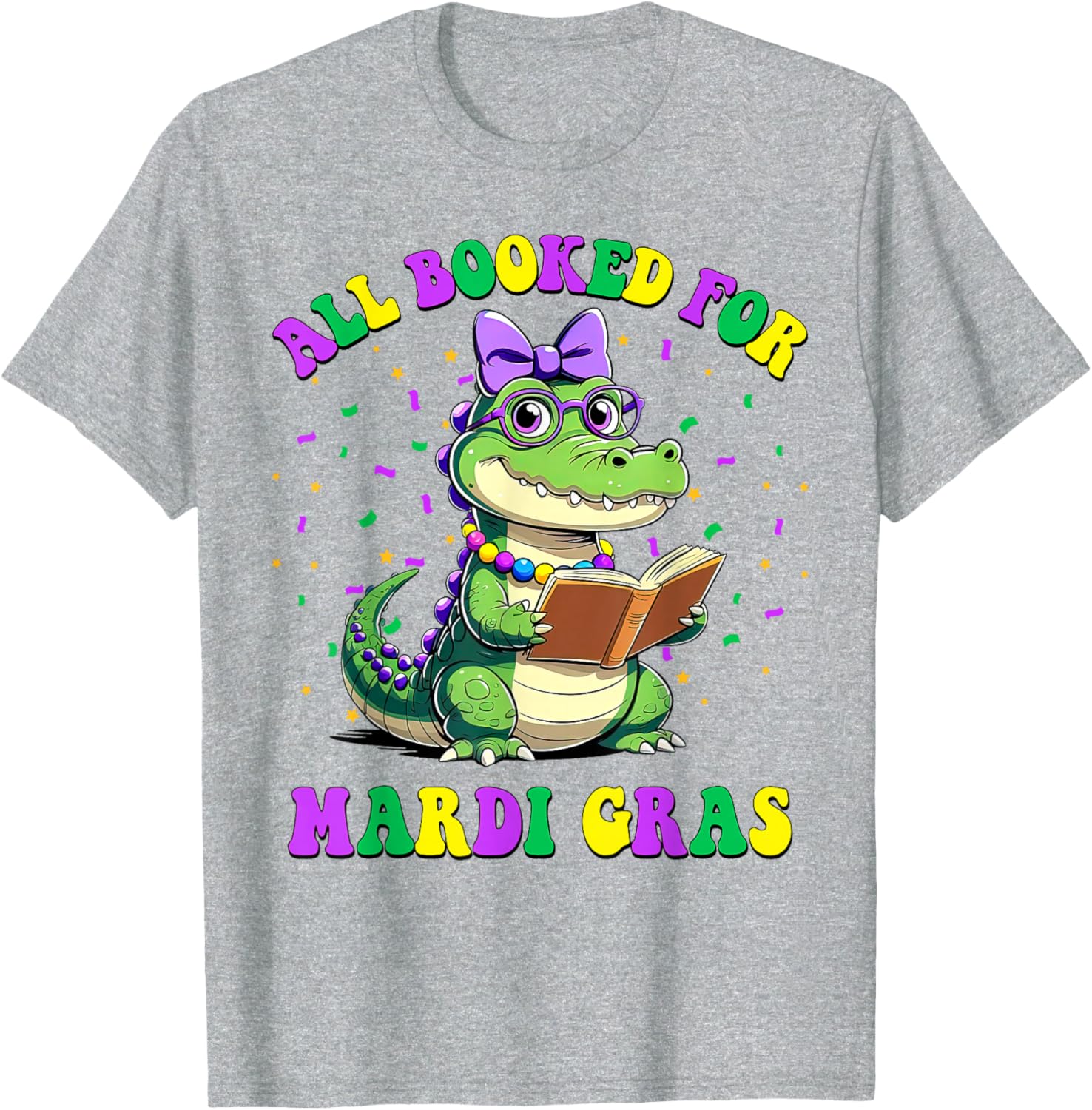 Mardi Gras Crocodile Teacher T-Shirt for Book Lovers and Readers - 8