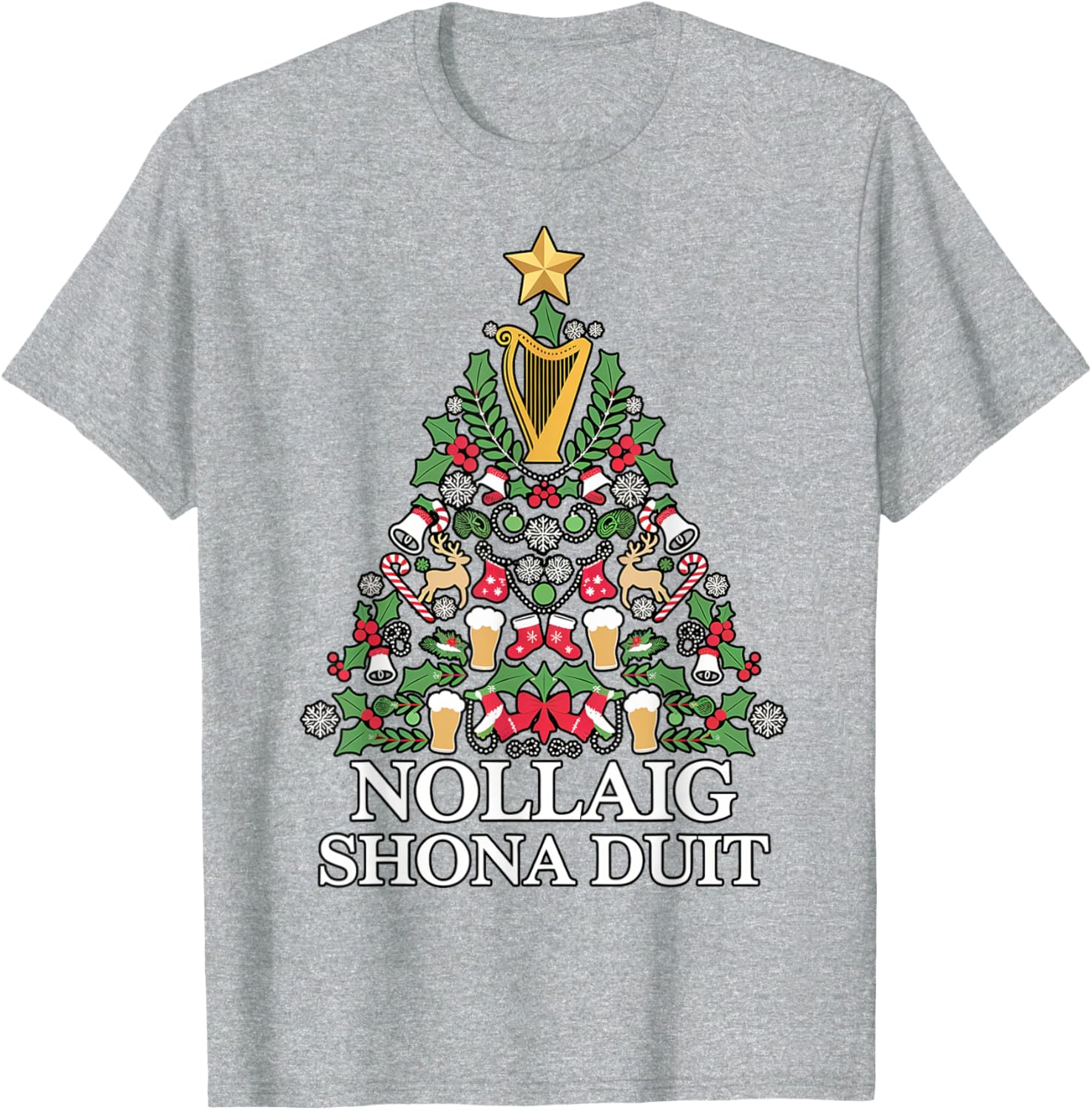 Irish Christmas Tree Nollaig Shona Duit Holiday Art T-Shirt for Festive Cheer - 1