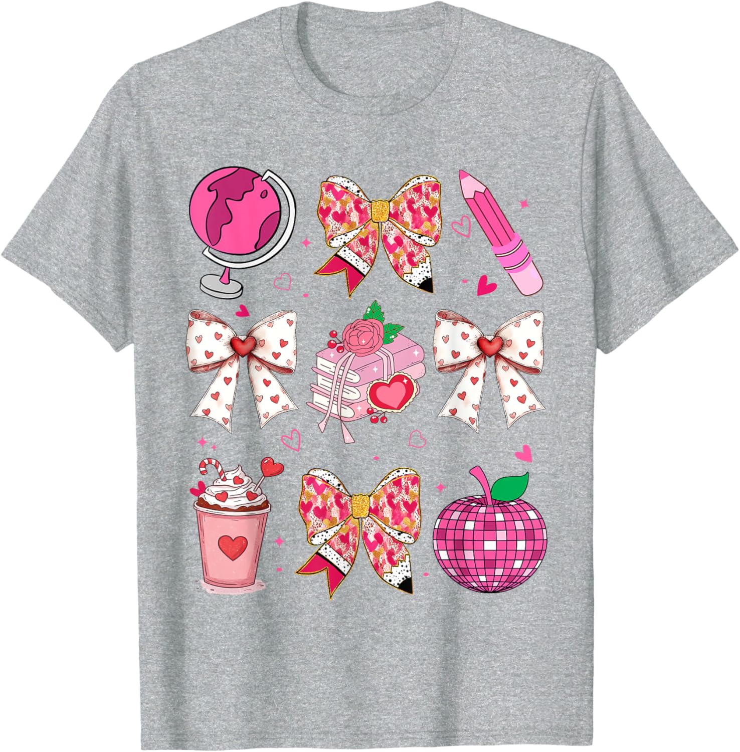 Valentine's Day Heart Bow T-Shirt for Teachers with Disco Ball Charm - 3