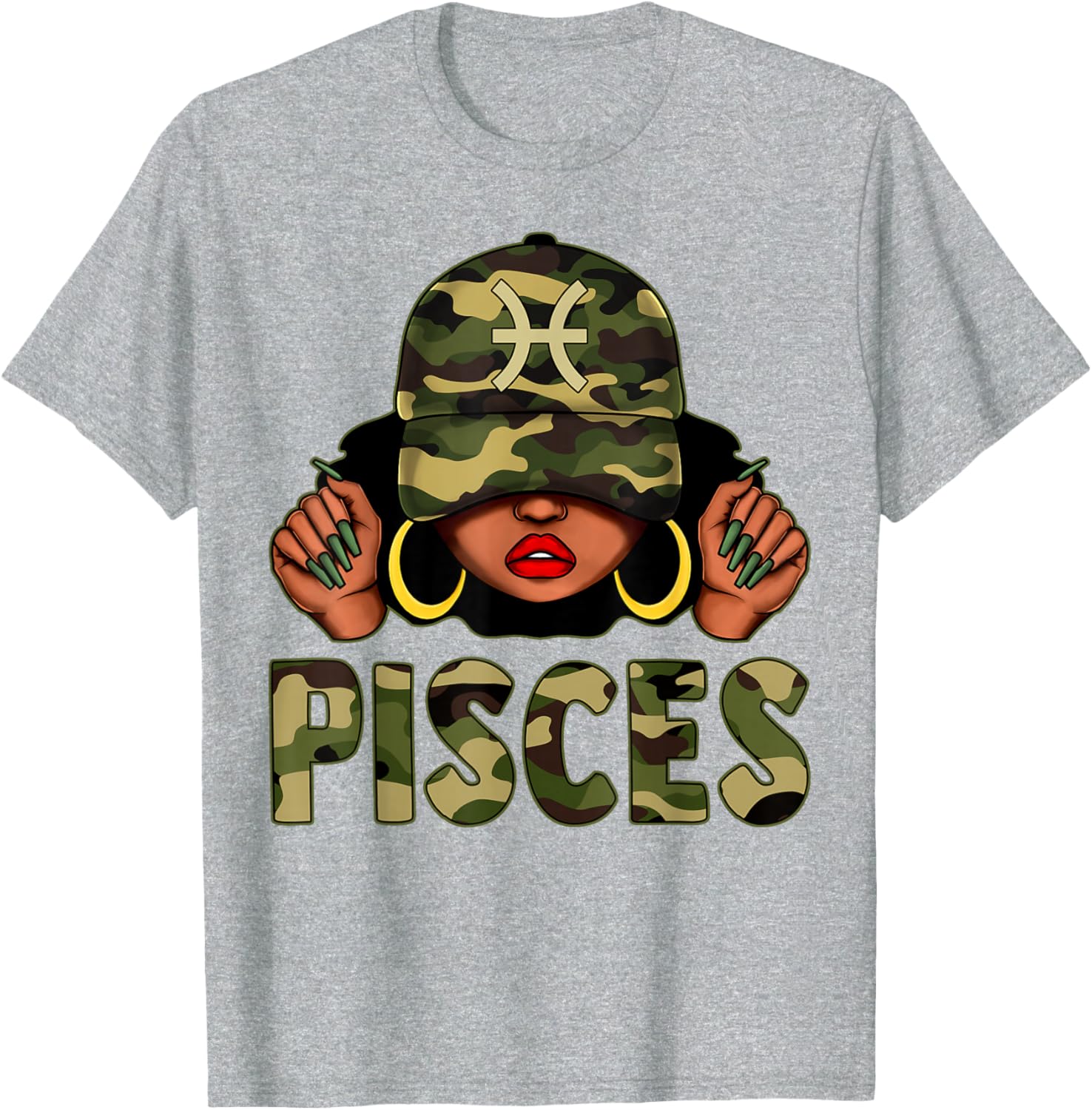 Pisces Queen Camo Cap and Afro Girl Zodiac T-Shirt for Black Women - 12